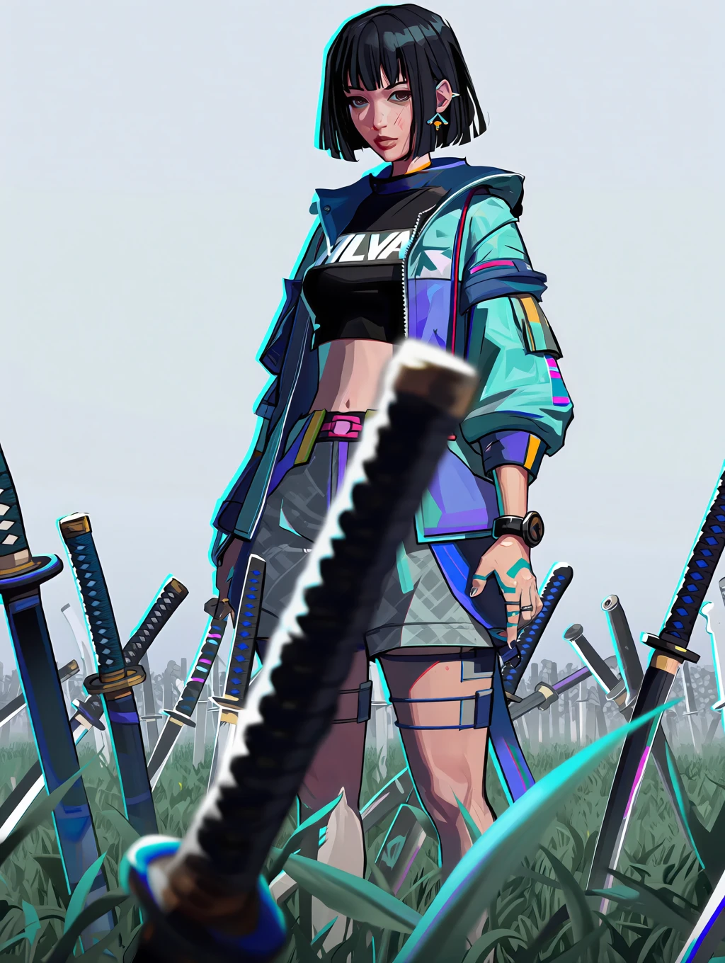 stylized r1vals illustration showing a young Japanese Woman with short black hair in a bobcut, wearing cool stylish streetwear clothing, she is standing in a field of countless katanas that are stuck in the ground, simple background. Cool and edgy vibe <lora:r1vals_qwen:1>