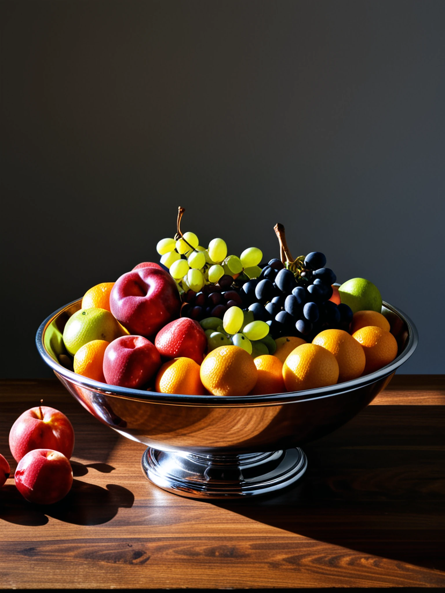 intricatedetails, Rembrandt lighting on a bowl of mixed fruit in a wooden bowl on a chrome table