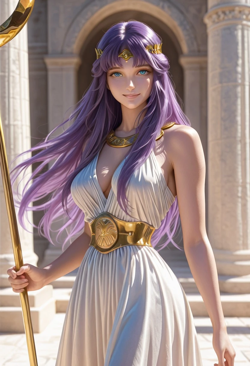 solo, saorikido,1girl, long hair,  blue eyes, purple hair , posing, realistic, perfect breasts, , best quality, good quality, absurdres , looking at viewer, , ,, depth of field , , cowboy shot,, outdoors, in ancient greece, gold circlet, gold staff, white silk dress, smile,
