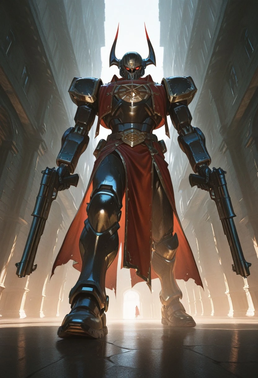 best quality 32k UHD HDR high resolution intricately detailed extremely aesthetic exquisitely beautiful perfectly composed supreme masterpiece, 1boy, evil robot, gun, looking at viewer, expressive face, angry, male focus, full body, low angle, side view, interesting angle with a good perspective, foreshortening, forced perspective, rim lighting, glint,