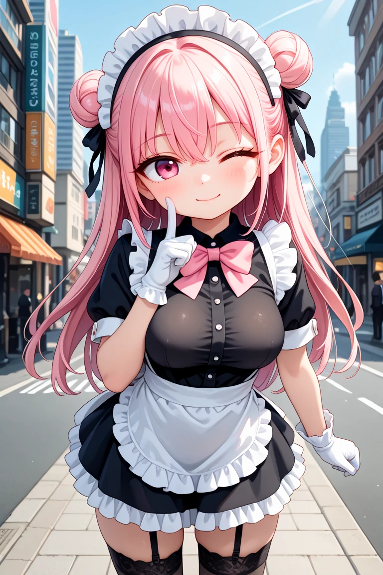 masterpiece, best quality, amazing quality, very aesthetic, absurdres,
cute face, slender, detailed eyes, detailed hair,,
1girl, solo,
maid, headdress, apron, sleeves with frills, short sleeves, bowtie, tented black shirt, black shirt, covered breasts, frilled skirt, list cuffs,
black garter stocking, white gloves,
smile, closed mouth, wink, one eye closed,
standing, cowboy shot, looking at viewer,
Daytime cityscape, bustling streets, and urban energy Portray the vibrant charm of a lively metropolis under the sun, depth of field, ultra detailed background,
medium breasts,
pink hair, pink eyes, double bun, hair between eyes
<lora:wink1_left_xl_v20:1>