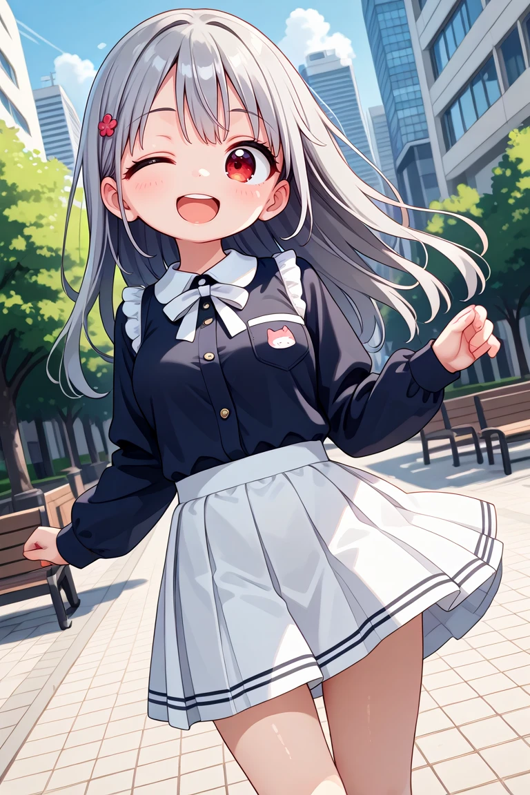 masterpiece, best quality, amazing quality, very aesthetic, absurdres,
cute round face, slender, detailed eyes, detailed hair, kawaii,
1girl, solo,
dynamic angle,
best shadow, an extremely delicate and beautiful, gleaming skin, cowboy shot,
in a park, city, standing, smile,
wearing casual fashion, wearing harajuku fashion, wearing skirt,
breasts, extremely detailed eyes, open mouth, (grey hair, red eyes:1.2),
(one eye closed, wink:1.1)
<lora:wink1_right_xl_v20:1>