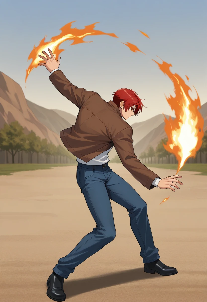 orochinagi, outstretched arms, dynamic pose, fire, pyrokinesis, 1boy, solo, red hair, short hair, brown jacket, long sleeves, white shirt, denim pants, black shoes, outdoors, serious, full body,