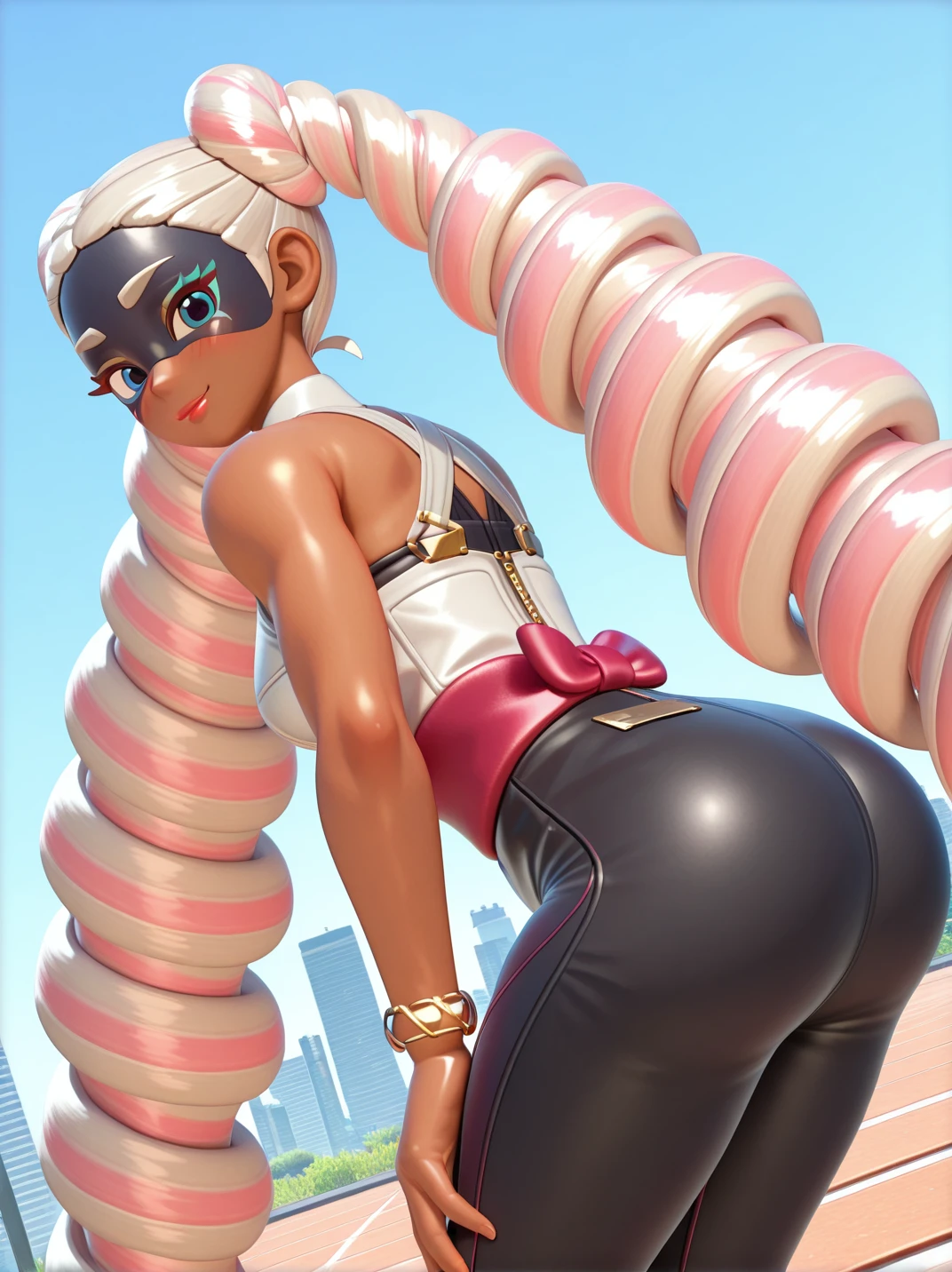 (official style, screencap:1.2), 3d,
1girl, (TwintelleXL:1), (shirt, black pants, sleeveless, bracelet, jewelry, red sash:1.2), (blue eyes, dark-skinned female, long hair, twin drills, mask, drill hair, very long hair, multicolored hair, pink hair, blonde hair, lipstick:1),, skindentation, blush, curvy, hips, medium breasts, 
smile, dutch angle, naughty pose, (looking at viewer), solo, dynamic pose, cowboy shot, head tilt, sexually suggestive, outdoors, big ass, hands on knees, head tilt, from behind, leaning forward, from side,
 <lora:ATwintelle_character:1>
