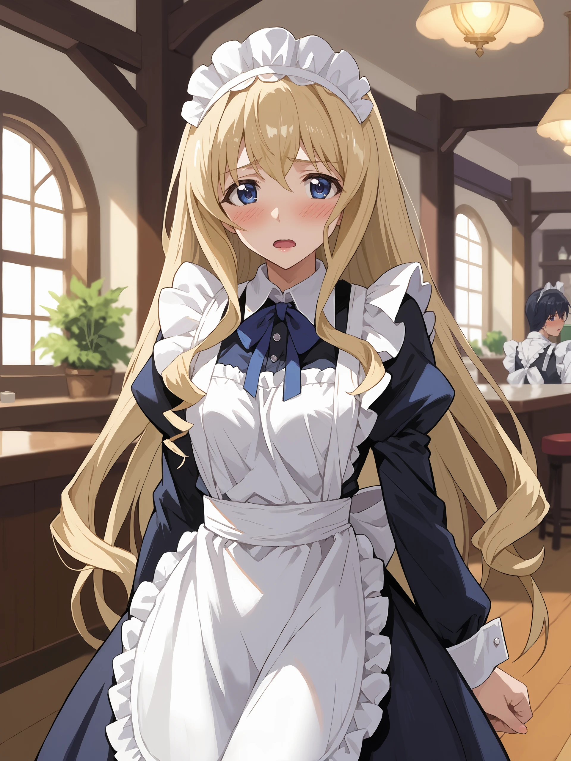 score_9, score_8_up, score_7_up, source_anime, ray tracing, best quality, anime screenshot, anime coloring, <lora:Char-IS-Cecilia-V1-Pony:0.9:hr=0.6>, 1girl, cecilia alcott, solo, maid, maid headdress, maid apron, embarrassed, white pantyhose, open mouth, blush, parted lips, looking at viewer, cowboy shot, bar \(place\), indoors, depth of field