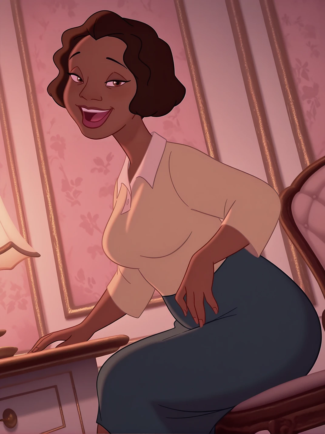 (official style, screencap:1.2), highres,
1girl, (EudoraXL:1.1), dark-skinned female, short hair, brown eyes, brown hair, shirt, long skirt, large breasts, hips, mature female,
smile, open mouth, dutch angle, naughty pose, looking at viewer, solo, dynamic pose, cowboy shot, head tilt, sexually suggestive, indoors, (sitting:1.2), from side, head tilt, crossed legs, sexy pose, sexually suggestive, 
<lora:AEudora_character:1>, white light