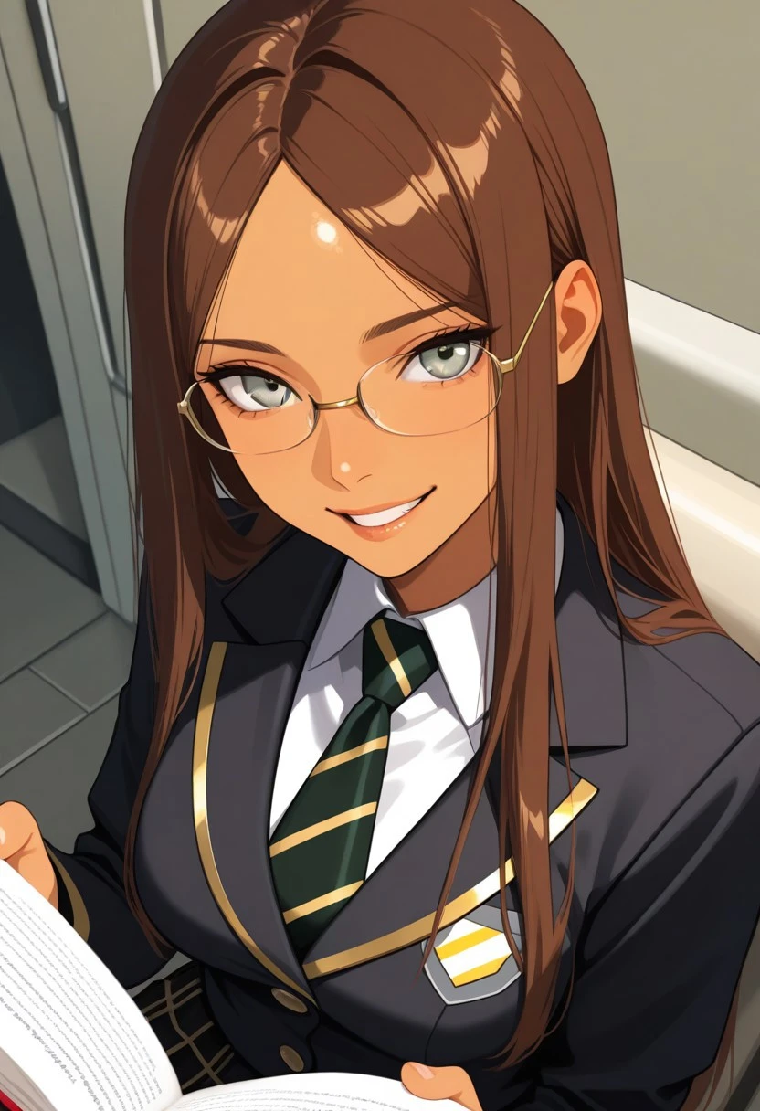 (CHARACTER: 1girl, long hair, parted bangs, forehead, brown hair, striking light silver eyes, glasses, tan skin. medium , long straight brown hair, light silver eyes, nose, lips
)
(EXPRESSION: confident, teeth smile, calm composed
)
(POSE: sitting, reading book
)
(CLOTHING: renisce university uniforms, shirt skirt, white shirt, black blazer, gold trim, (black-golden striped tie), black-golden plaid skirt)
)
(SETTING: crowded library
)
(PERSPECTIVE: dynamic angle, headshot, portrait, close up
)
(STYLE: zPDXL3, SmoothNegative_Hands, conceptart, pretty girl
)
(QUALITY: score_9, score_8_up, score_7_up, score_6_up, high_quality, highres, detailed_eyes, beautiful, detailed, masterpiece, best quality, absurdres, 8k
)