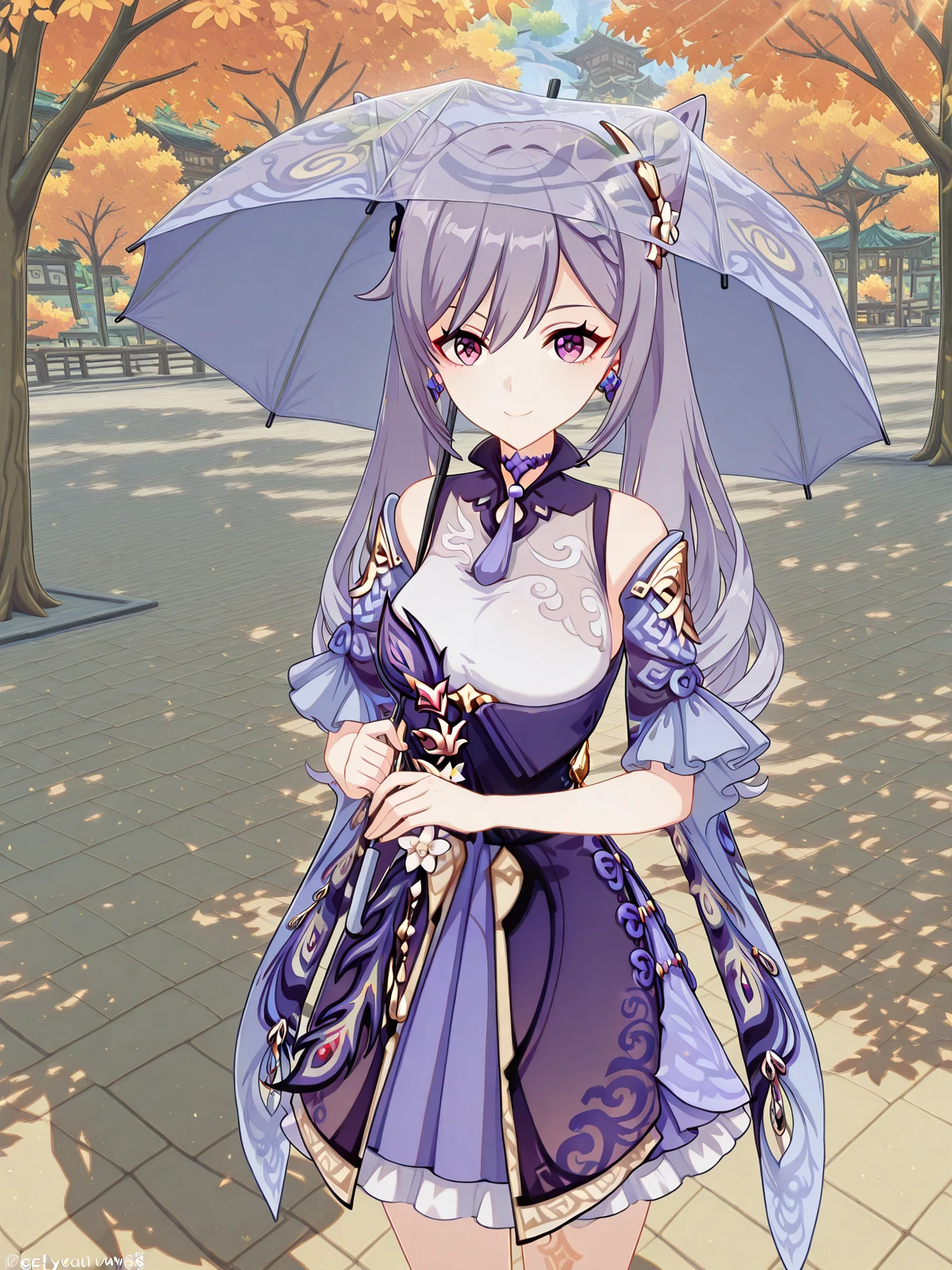 masterpiece, best quality, amazing quality,, <lora:genshin-keqing-ingame-illustriousxl-lora-nochekaiser:1>, keqing, keqing (genshin impact), braid, cone hair bun, hair bun, hair ornament, long hair, purple eyes, purple hair, mature female, medium breasts, 3d,, <lora:getsuyoubi-no-tawawa-385-illustriousxl-lora-nochekaiser:1>, getsuyoubinotawawa 385, looking at viewer, smile, holding, standing, outdoors, solo, umbrella, holding umbrella, sunlight, shadow, tree, tree shadow, , ,