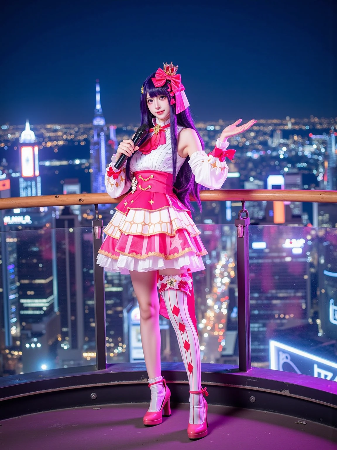 A realistic photo of a tall and slender beautiful young woman in cyb-hoshinoai cosplay costume. She is also wearing mismatched legwear and pink high heels. She has purple hair with mini crown and hair bow. She is holding a microphone.
The sence is a rooftop overlooking a glittering city at night, with thousands of lights twinkling like stars below. The soft glow of neon signs reflects off the glass buildings, and a gentle breeze carries the sound of distant traffic and faint music. The atmosphere feels tranquil yet full of hidden energy and dreams..
The photo is a full body shot with her entire body visible and with intricate details scene.