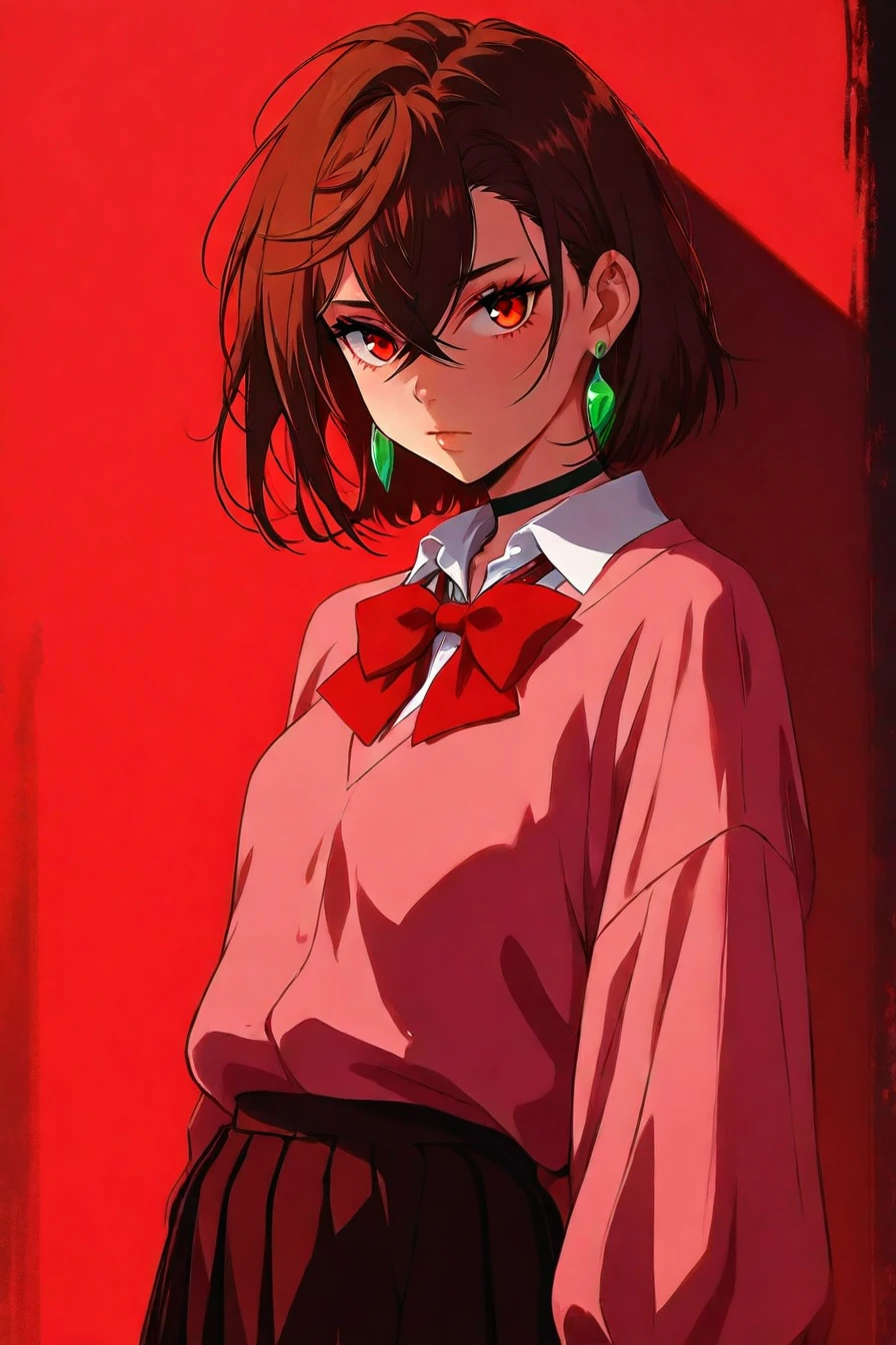 <lora:ayase_momo-koto-Illustrious v01:0.4> ayasemomo, hair between eyes, crossed bangs, green earrings, brown hair, red eyes, black choker, short hair, white shirt, red bowtie,pleated skirt,school uniform, pink cardigan, long sleeves, 1girl, solo, alone, <lora:red_aesthetic_anime_illustriousXL:1>, red_aesthetic_anime, red theme, masterpiece, highres