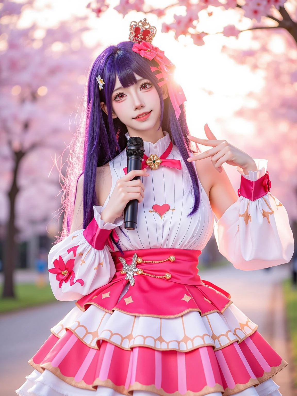 A realistic photo in cowboy shot of a slender beautiful young woman in cyb-hoshinoai cosplay costume. She has purple hair with mini crown and hair bow. She is holding a microphone.
The sence is a picturesque cherry blossom avenue at sunset. A faint breeze carries the scent of blooming flowers through the air.
The photo is in cowboy shot and with intricate details scene.