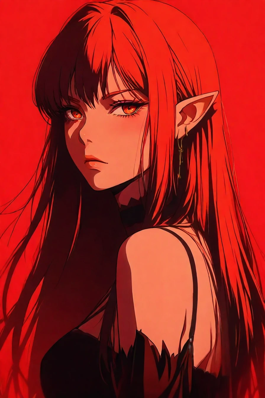 1girl, solo, alone, elf, pointy ears, <lora:red_aesthetic_anime_illustriousXL:1>, red_aesthetic_anime, red theme, masterpiece, highres