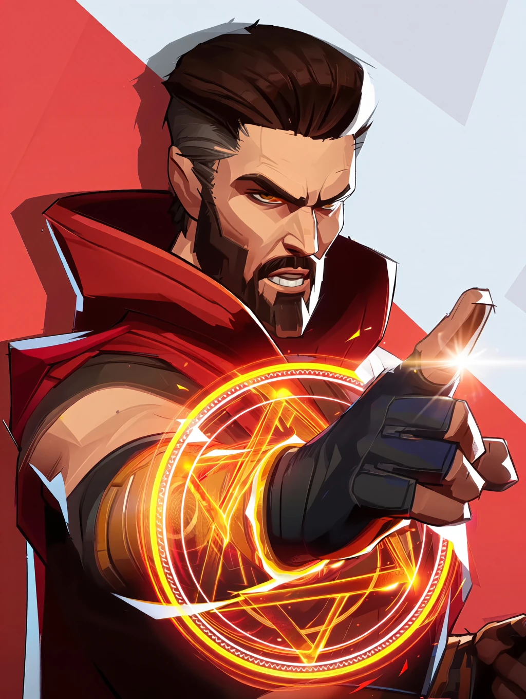 r1vals, This image is a digital illustration of a muscular, dark-haired dude with a thick beard and intense expression, looking like he's about to cast a powerful spell. He's got a serious, almost menacing look with furrowed brows and a slightly open mouth, showing a bit of his teeth. He's wearing a red hooded cloak with a high collar, and his right hand is extended towards the viewer, pointing with his index finger. His hand is covered in a black fingerless glove, and there's a glowing, circular, magical symbol around his wrist that's emitting bright yellow and orange light. The background is a mix of red and white geometric shapes, giving the whole image a dynamic and energetic vibe. The dude's skin is a light tan, and he's got a strong, defined jawline. The light from the magical symbol is so bright it's creating a small lens flare effect around his finger. The overall vibe is intense and magical, like he's about to unleash some serious magic. <lora:r1vals_qwen:1>
