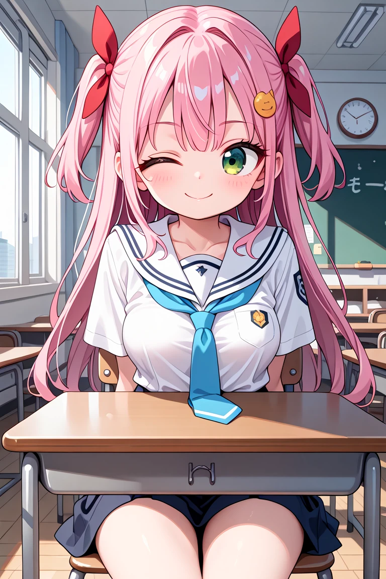 masterpiece, best quality, amazing quality, very aesthetic, absurdres,
cute round face, slender, ultra detailed eyes, ultra detailed hair, ultra beautiful,
1girl, solo, one eye closed, wink,
cowboy shot, from front, smile, closed mouth, looking at viewer,
red ribbon on hair, pink hair, green eyes, two side up, medium breasts,
sitting on chair behind table, in classroom, white sailor, blue tie on school uniform
<lora:wink1_right_xl_v20:1>