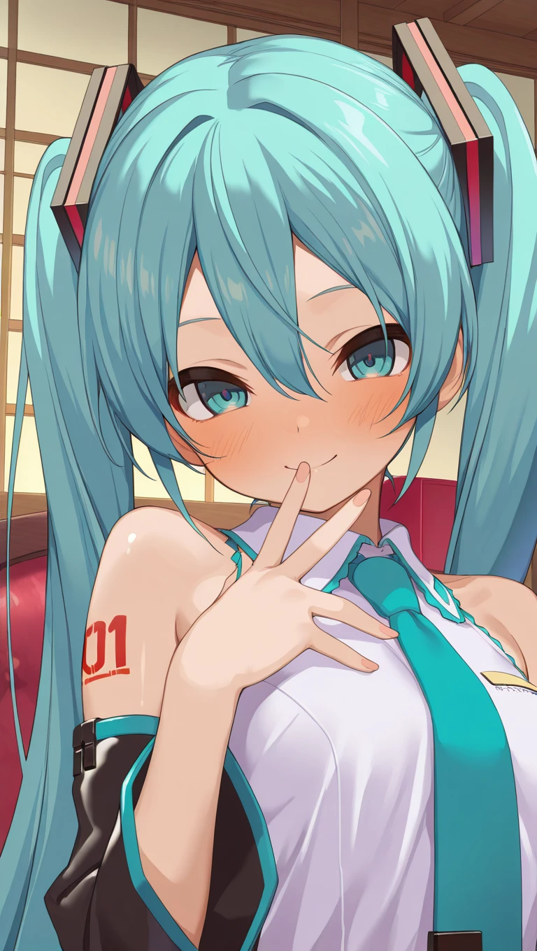 (masterpiece),best quality,amazing quality,very aesthetic,absurdres,newest,perfect body,shiny skin,perfect eyes,detail1eye,well-defined fingers,well-defined fingernails,anime style,indoors,1girl,solo,upper body,(portrait:1.5),looking at viewer,facing viewer,smile,blush,Oga Denmon style,hatsune miku,absurdly long hair,aqua hair,twintails,hair ornament,sidelocks,hair between eyes,parted bangs,aqua eyes,white shirt,collared shirt,bare shoulders,sleeveless shirt,aqua necktie,detached sleeves,black sleeves,shoulder tattoo,fringe,miniskirt,pleated skirt,<lora:Hatsune Miku(voc)-Illus-Remake:1.6>,<lora:Oga Denmon[style]-Illus:2>,