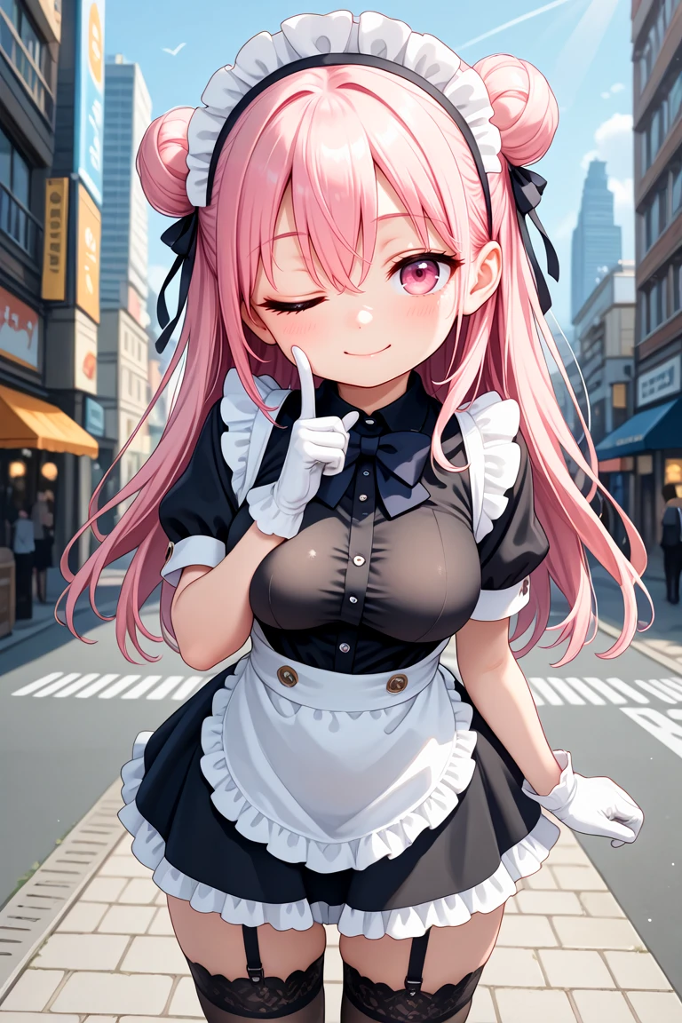 masterpiece, best quality, amazing quality, very aesthetic, absurdres,
cute face, slender, detailed eyes, detailed hair,,
1girl, solo,
maid, headdress, apron, sleeves with frills, short sleeves, bowtie, tented black shirt, black shirt, covered breasts, frilled skirt, list cuffs,
black garter stocking, white gloves,
smile, closed mouth, wink, one eye closed,
standing, cowboy shot, looking at viewer,
Daytime cityscape, bustling streets, and urban energy Portray the vibrant charm of a lively metropolis under the sun, depth of field, ultra detailed background,
medium breasts,
pink hair, pink eyes, double bun, hair between eyes
<lora:wink2_right_xl_v20:1>
