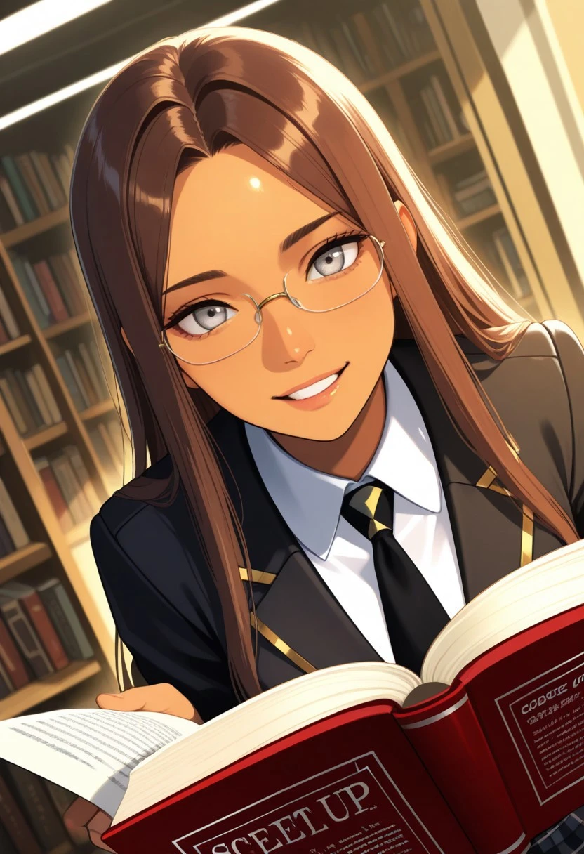 (CHARACTER: 1girl, long hair, parted bangs, forehead, brown hair, striking light silver eyes, glasses, tan skin. medium , long straight brown hair, light silver eyes, nose, lips
)
(EXPRESSION: confident, teeth smile, calm composed
)
(POSE: sitting, reading book 
)
(CLOTHING: renisce university uniforms, shirt skirt, white shirt, black blazer, gold trim, (striped golden and black tie), black-golden plaid skirt)
)
(SETTING: crowded library
)
(PERSPECTIVE: dynamic angle, headshot, portrait, close up
)
(STYLE: zPDXL3, SmoothNegative_Hands, conceptart, pretty girl
)
(QUALITY: score_9, score_8_up, score_7_up, score_6_up, high_quality, highres, detailed_eyes, beautiful, detailed, masterpiece, best quality, absurdres, 8k
)
