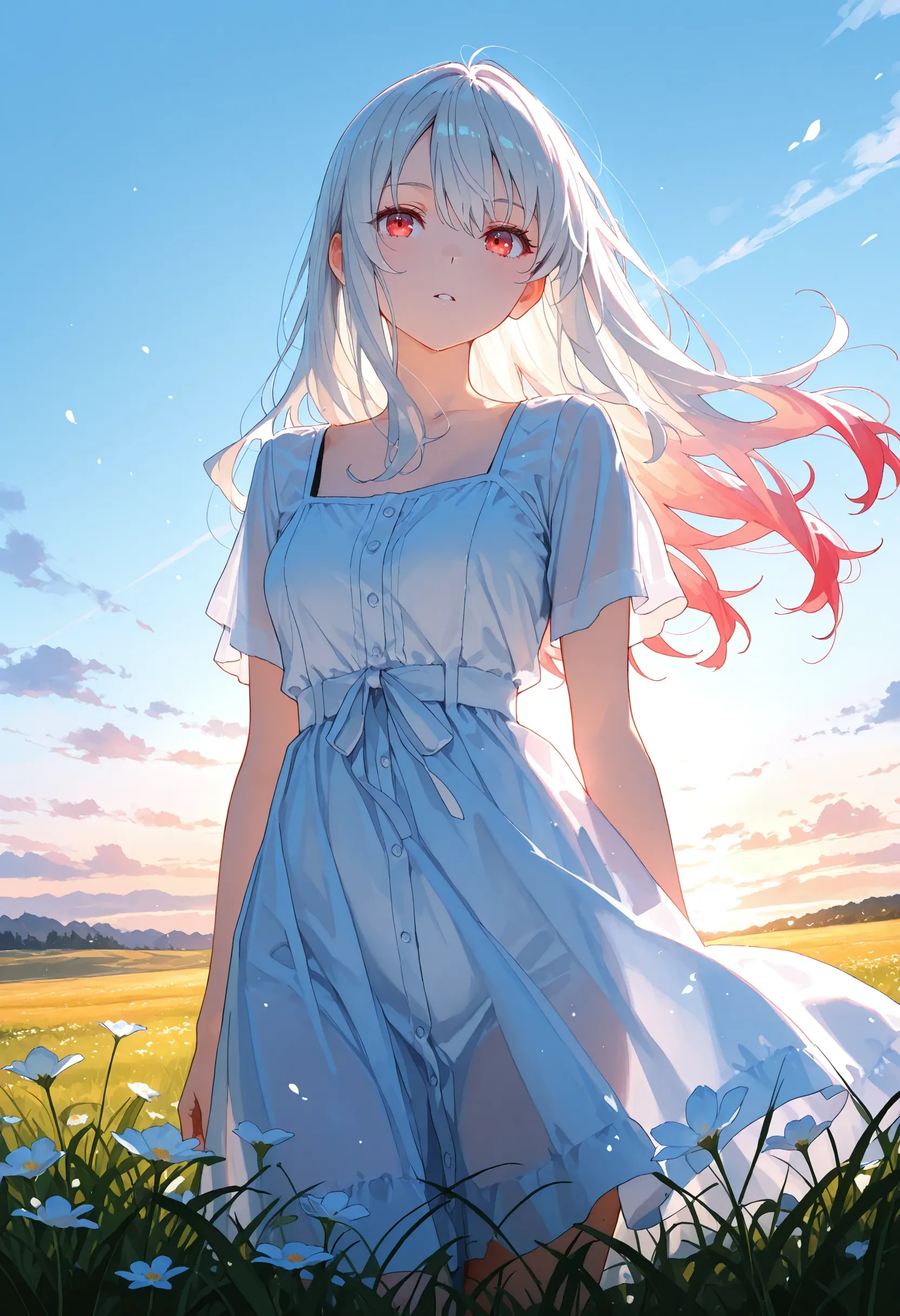 rim lighting, hair highlights, luminous lighting, cinematic ambiance, masterpiece, best quality, absurdres, high detailed, ultra-HD, vibrant colors, year 2024, watercolor, (oekaki:1.1), amazing quality, super fine illustration, extremely detailed illustration, newest,
beautiful person, white long hair, red eyes,
white dress,
grassland, bluesky,
wind effects, flower effects,