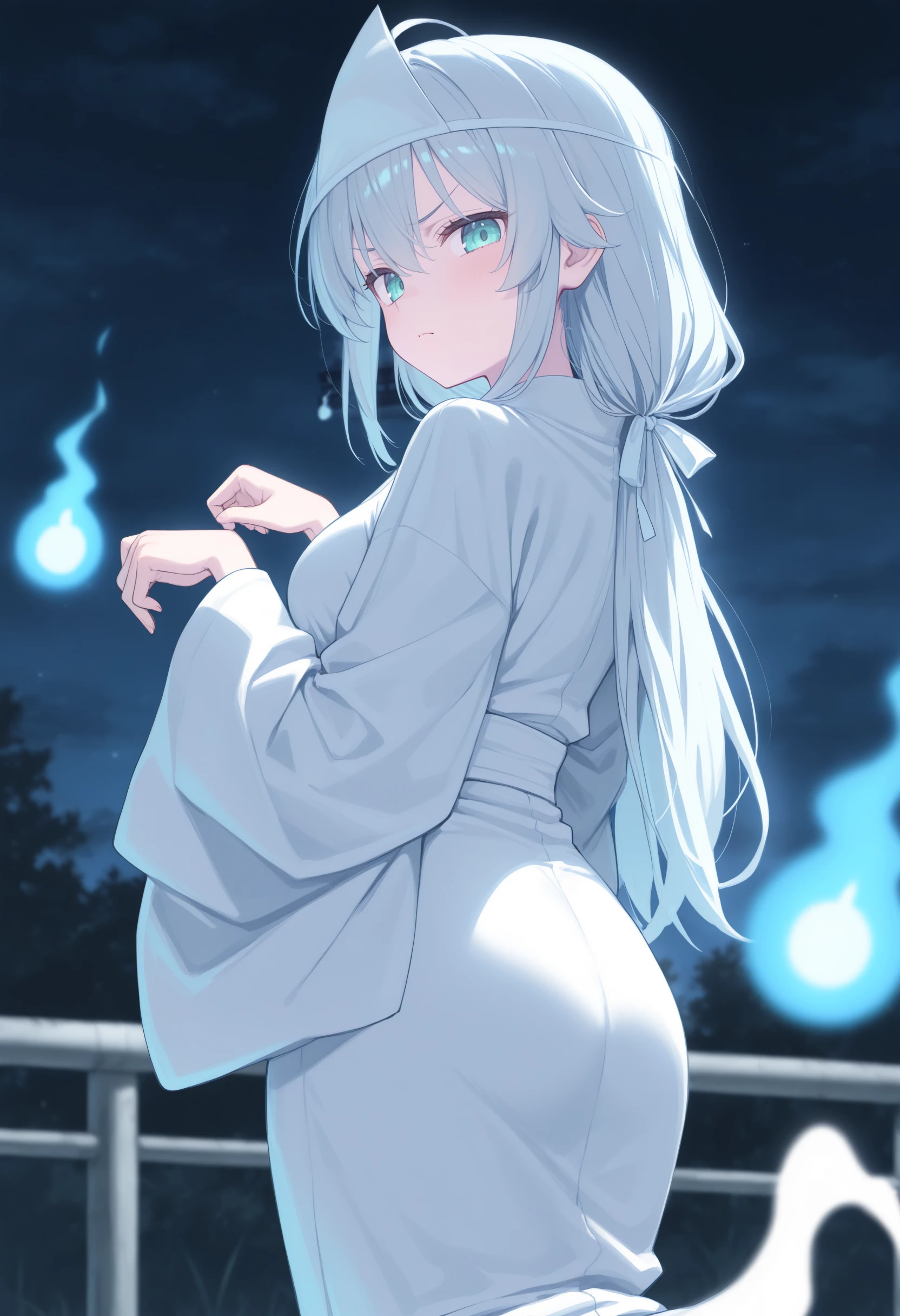 1girl,(sho \(sho lwlw\):0.7),(toosaka asagi:0.5),(sincos:0.3),solo,
masterpiece, best quality, newest, absurdres, CG, anime, source anime, illustration,
medium breasts,
triangular headpiece, shiroshouzoku, japanese clothes, ghost, ghost pose, ghost costume, hitodama, ghost tail, hands up,
blurry background, depth of field, blurry foreground, dark background, night,<lora:triangularheadpiece_Illust_v1:0.8>
from behind, wide shot, looking down, gray hair, aqua eyes,scowl, on pedestrian bridge, closed mouth, front ponytail hair,