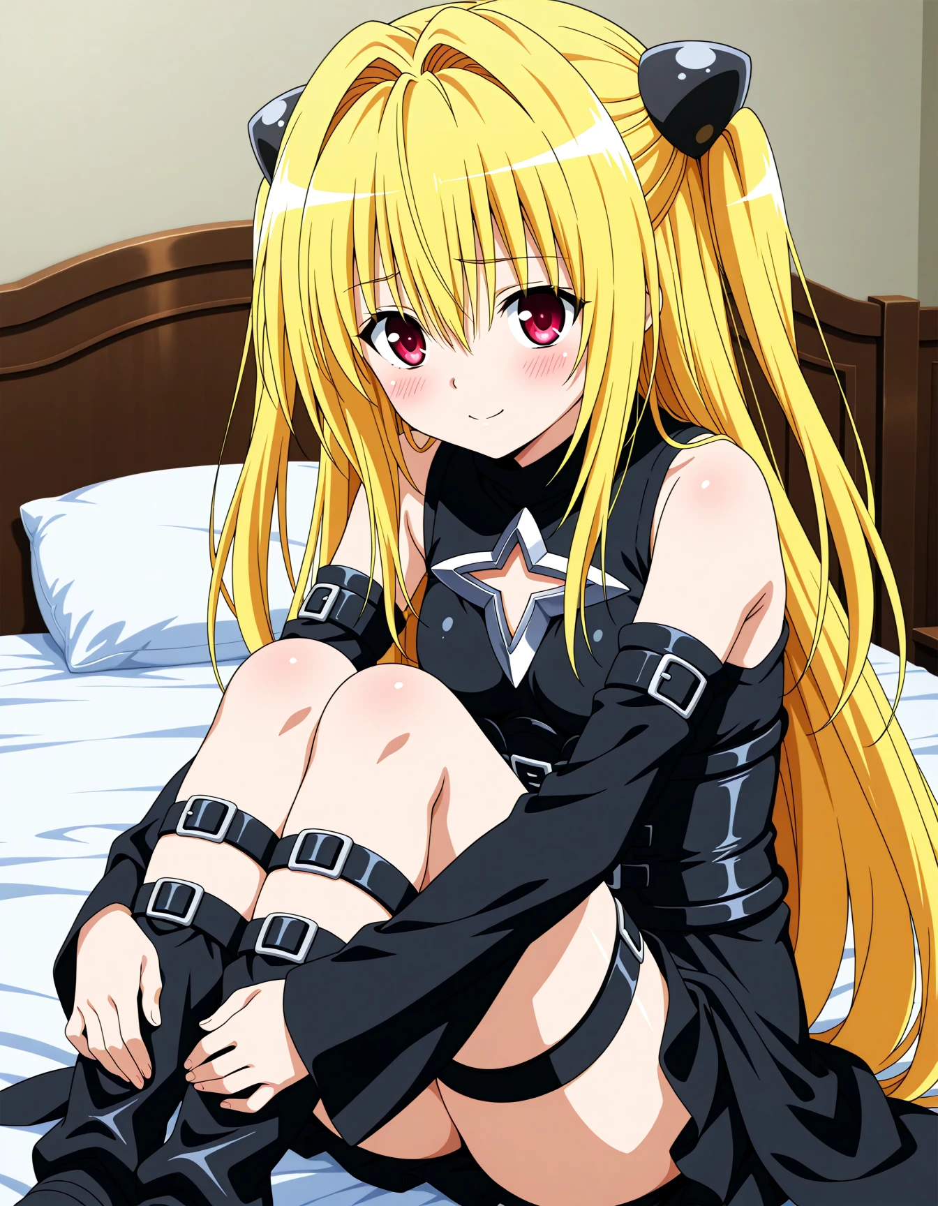 <lora:A dmd2-lighting8step_cfg1.5:1>,official style,masterpiece,best quality,very aesthetic,absurdres,newest,anime coloring,anime screencap,anime style,<lora:Konjikino_Yami_v1:1>,konjiki no yami,yellow hair,long hair,red eyes,hair ornament,two side up,small breasts,black dress,clothing cutout,bare shoulders,detached sleeves,belt,thigh strap,sitting,bedroom,bed,hugging_own_legs,blush,shy,embarrass,smile,