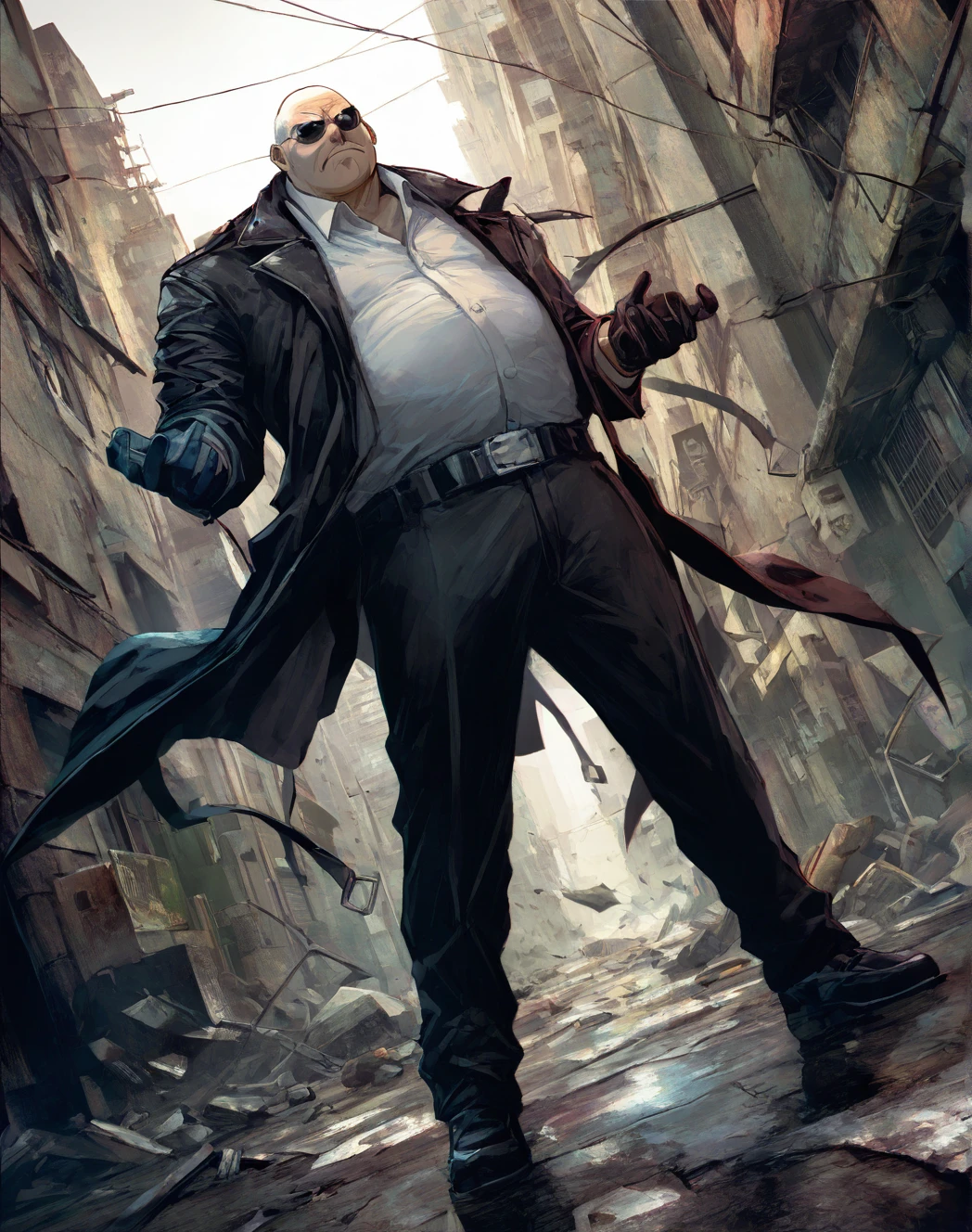 lazypos,masterpiece,best quality,<lora:KSWB:0.9>,kswb,digital oil painting,visible brushstrokes,1boy,balding,angry,closed mouth,sunglasses,full_shot,dutch angle,wind,gloves,tall,from_side,ruined city,standing,dynamic_angle,