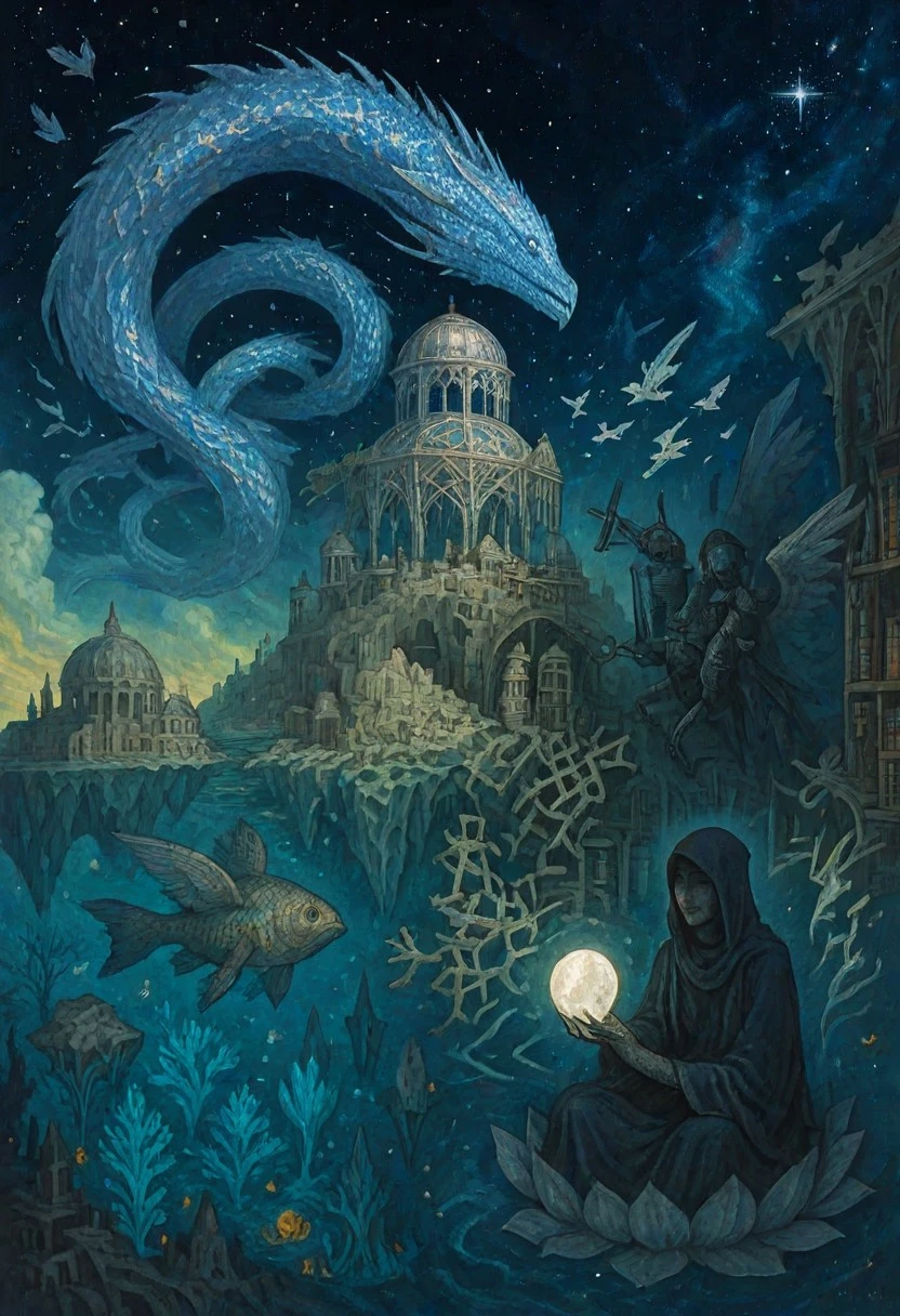 A titanic crystalline serpent, its scales shimmering with captured starlight, coils around a forgotten observatory made of woven starlight, soaring through a sky of shattered porcelain. The sky is split between a swirling nebula of nascent stars and a silent obsidian void where constellations are etched in frost. Below, a forgotten city built into the shell of a petrified leviathan slowly dissolves into a sea of sentient ink filled with luminescent bioluminescent flora and inverted mountains of pure despair. Enormous feathered fish glide through the air like forgotten prophecies, while spectral knights on skeletal griffins patrol the ethereal currents. A sculptor made of solidified dreams battles a colossal multi-limbed deity emerging from a labyrinthine library constructed entirely of whispering bones and forgotten lore. Fragmented continents drift apart, releasing swarms of iridescent insects that transform into living tapestries mid-flight. A blind oracle draped in shadows sits serenely on a floating lotus, holding a sphere of condensed moonlight, as a rift in reality unfurls behind them exhaling echoes of impossible futures.