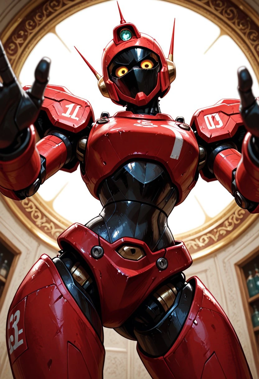 best quality 32k UHD HDR high resolution intricately detailed extremely aesthetic exquisitely beautiful perfectly composed supreme masterpiece, 1robot, looking at viewer, expressive face, dynamic pose, female focus, cowboy shot, interesting angle with a good perspective, foreshortening, forced perspective,