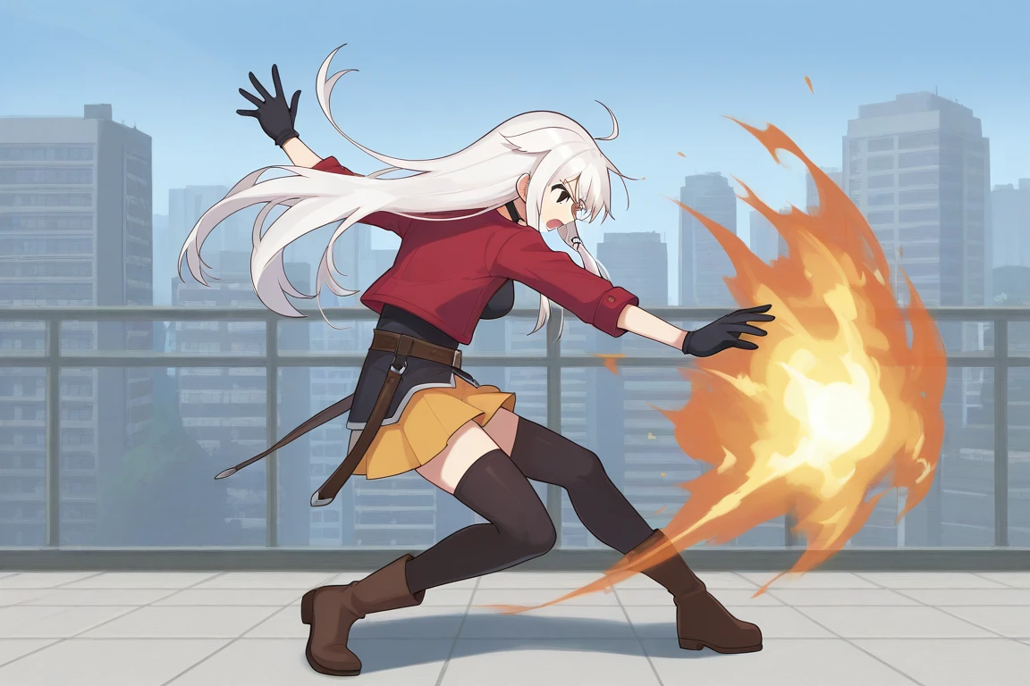orochinagi, outstretched arms, dynamic pose, fire, pyrokinesis, 1girl, solo, anceriseshirokami, ancermainoutfit, white hair, long hair, ahoge, hair flaps, sidelocks, hair ornament, green eyes, black choker, red jacket, black shirt, medium breasts, belt, skirt, thighhighs, black gloves, brown boots, full body, city, open mouth, serious, from side, back