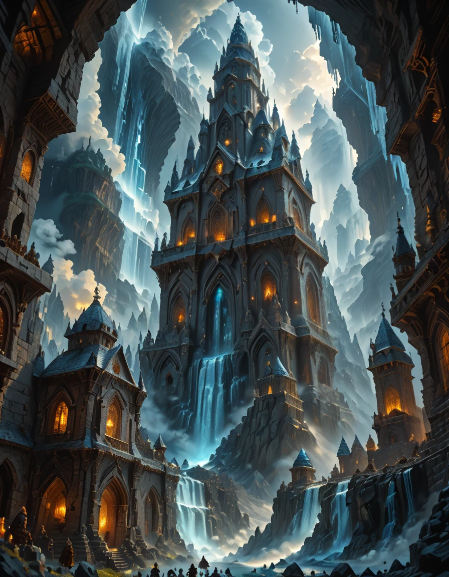 <lora:MW_Dwarven_beta_pony:1> mwd01, masterpiece, absurdres, 8k, insanely detailed, sharp focus, from low angle view, waterfall, cloudscape, white, mountains, bokeh, medieval detailed architecture, darkness, surreal