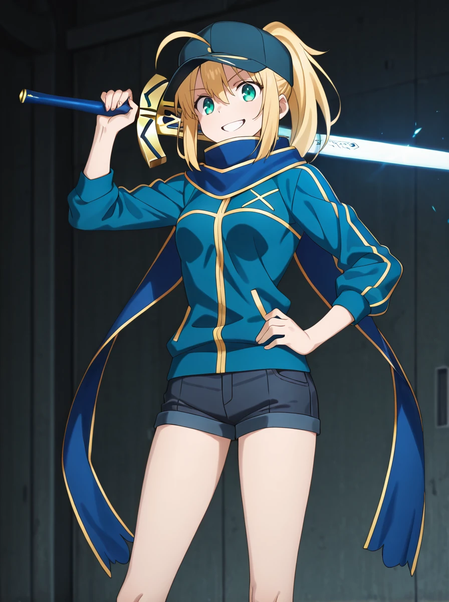 masterpiece, best quality, amazing quality, very aesthetic, absurdres, newest, anime screenshot, anime coloring, master piece, best quality, <lora:HeroineXillust:1>1girl, hat, blonde hair, solo, ahoge, dark_blue_jacket shorts, weapon, scarf, heroinexstage1, baseball cap, blue scarf, ponytail, blue eyes glowing_sword excalibur \(fate/stay night\), open mouth, looking at viewer, sword over shoulder, weapon over shoulder, holding, holding sword, holding weapon, sword, hand on own hip, grin, looking at viewer, bootd