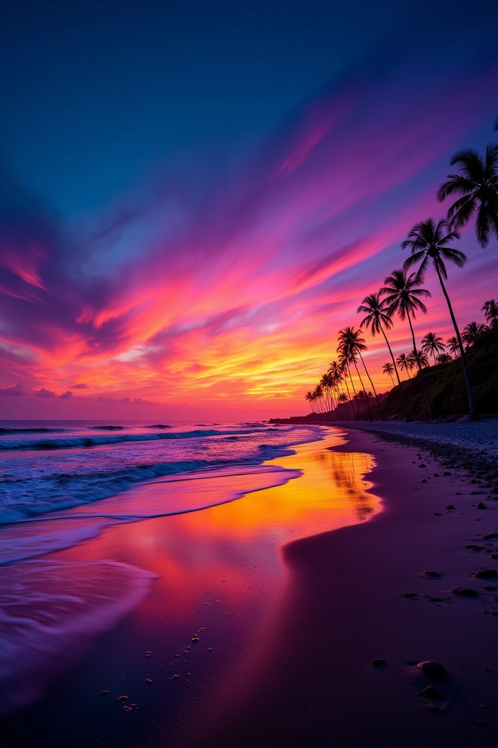 DT_style,Beach sunsets with vibrant colors, storm clouds adding drama, rainbows hinting, waves crashing under the fiery sky.