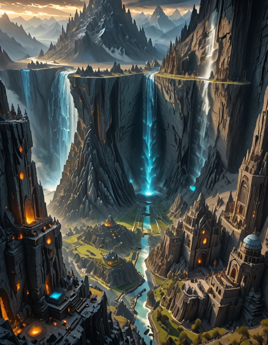 <lora:MW_Dwarven_beta_pony:1> dwarven empire, carved mountains, glowing runes, many endless stairways, majestic underground kingdom, brutal architecture, dark marble pilars, dark marble bridges, aerial view, epic underground landscape, vegetation, vast lake, waterfall