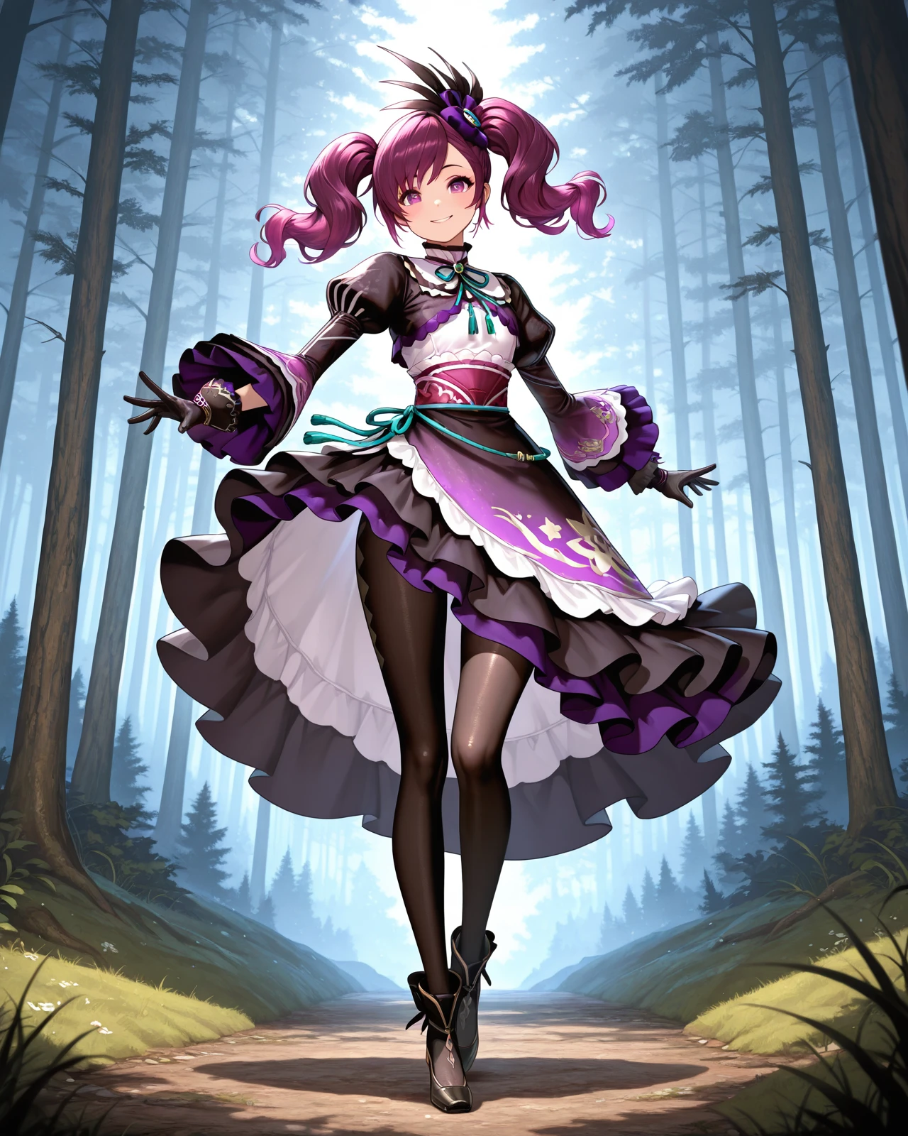 masterpiece, newest, absurdres, best quality, amazing quality, very aesthetic, ultra-detailed, highly detailed, newest, scenery, beautiful face, perfect eyes, detailed eyes, shiny skin, dynamic lighting, ((solo)), forest, <lora:Gracia:1> Gracia, 1girl, solo, gloves, dress, hair ornament, pantyhose, smile, full body, twintails, purple hair, black gloves, looking at viewer