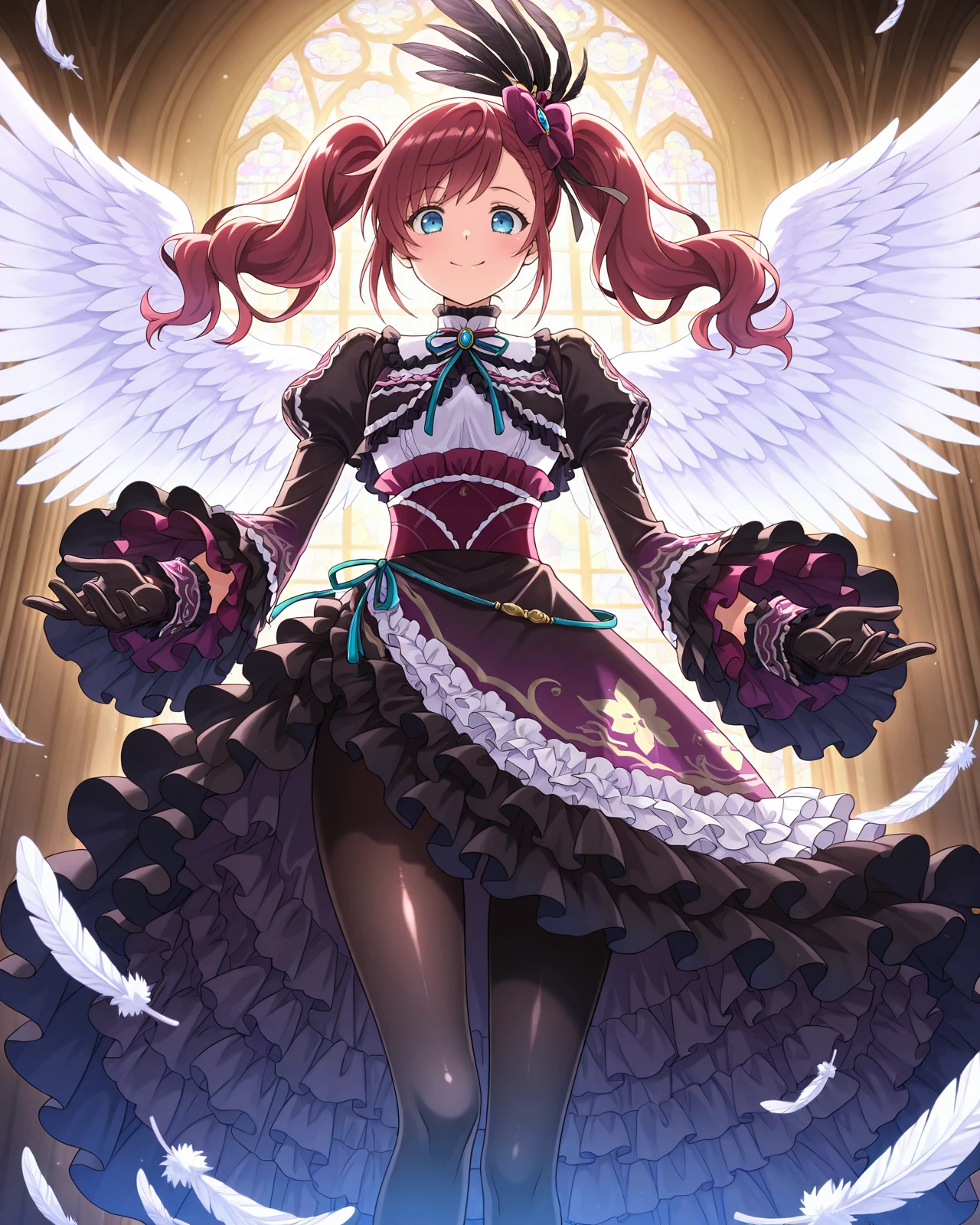 masterpiece, newest, absurdres, best quality, amazing quality, very aesthetic, ultra-detailed, highly detailed, newest, scenery, beautiful face, perfect eyes, detailed eyes, shiny skin, dynamic lighting, ((solo)), church, <lora:Gracia:1>Gracia, 1girl, solo, gloves, feathers, twintails, blue eyes, wings, black gloves, dress, frills, bow, hair ornament, smile, pantyhose, long hair, looking at viewer, <lora:anime_screencap:1> anime screencap, anime coloring, 2d, anime style
