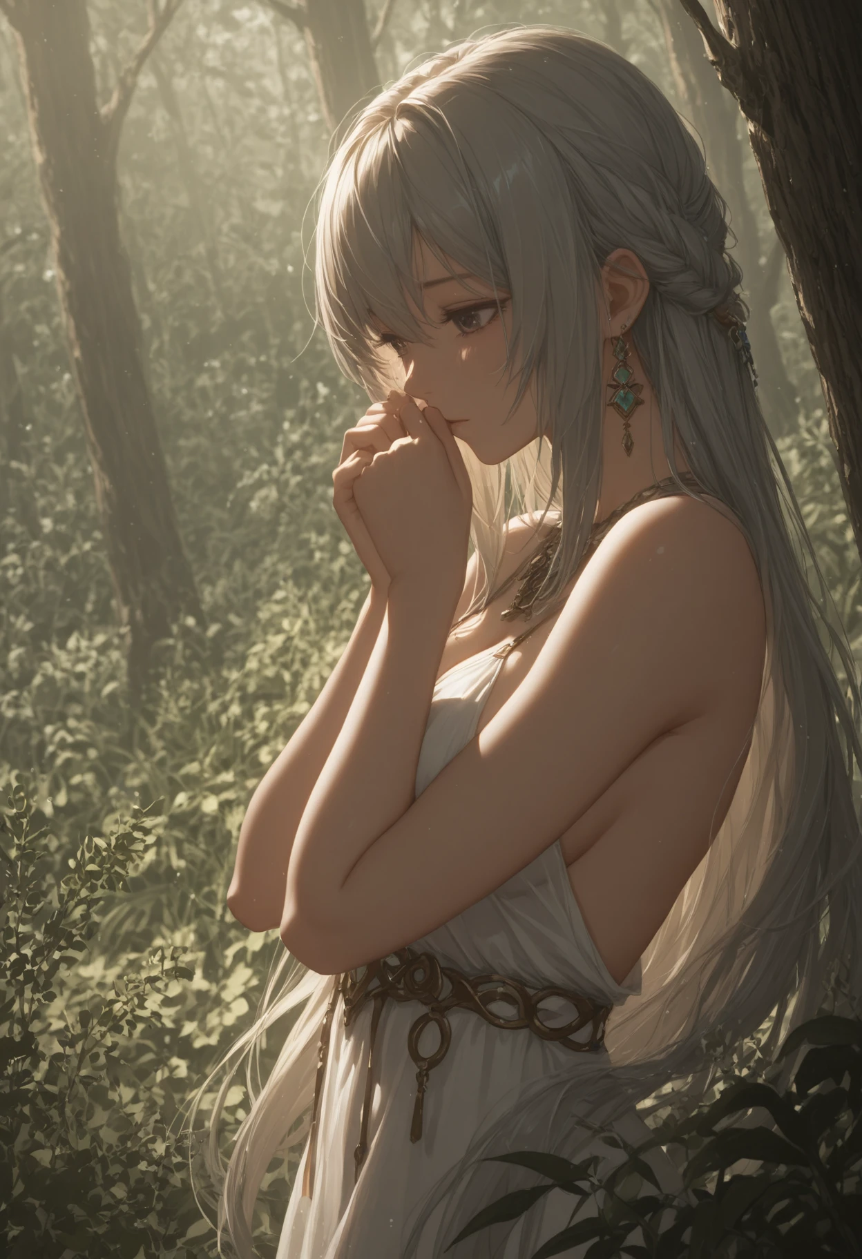 masterpiece, best quality, dutch angle, Sad Female Herbalist, vegetation in background, Summer, Epic fantasy, Depth of field 100mm, hopeless