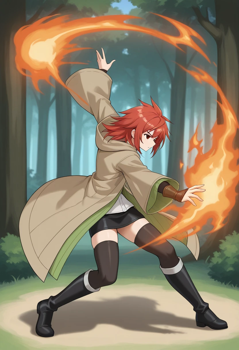 orochinagi, outstretched arms, dynamic pose, fire, pyrokinesis, 1girl, solo, hiitaygo, duel monster, red hair, medium hair, red eyes, brown hooded robe, wide sleeves, green ribbed coat, layered clothes, brown wrist guards, black skirt, pencil skirt, black thighhighs, black knee boots, from side, back, outdoors, forest, serious,