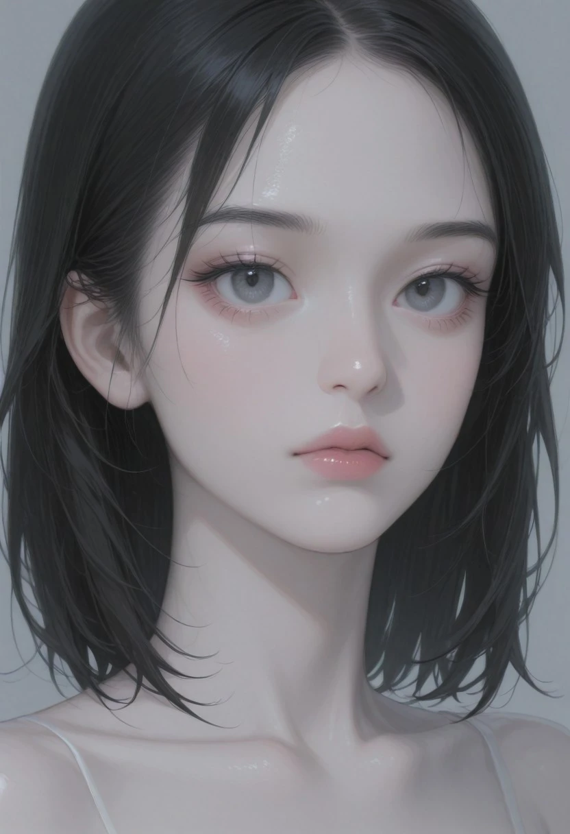 masterpiece, best quality, good quality, very aesthetic, absurdres, newest, 8K, realistic, 1girl, solo,tall,slender,pale skin,dark hair,medium hair,big eyes,small mouth,dark gray eyes,makeup,small breasts,portrait