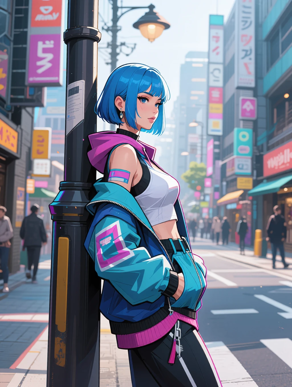 stylized r1vals illustration showing a beautiful young woman with blue bobcut hair wearing stylish streetwear clothes, she is chilling in the streets of Tokyo, leaning her back against a lamp pole <lora:r1vals_qwen:1>