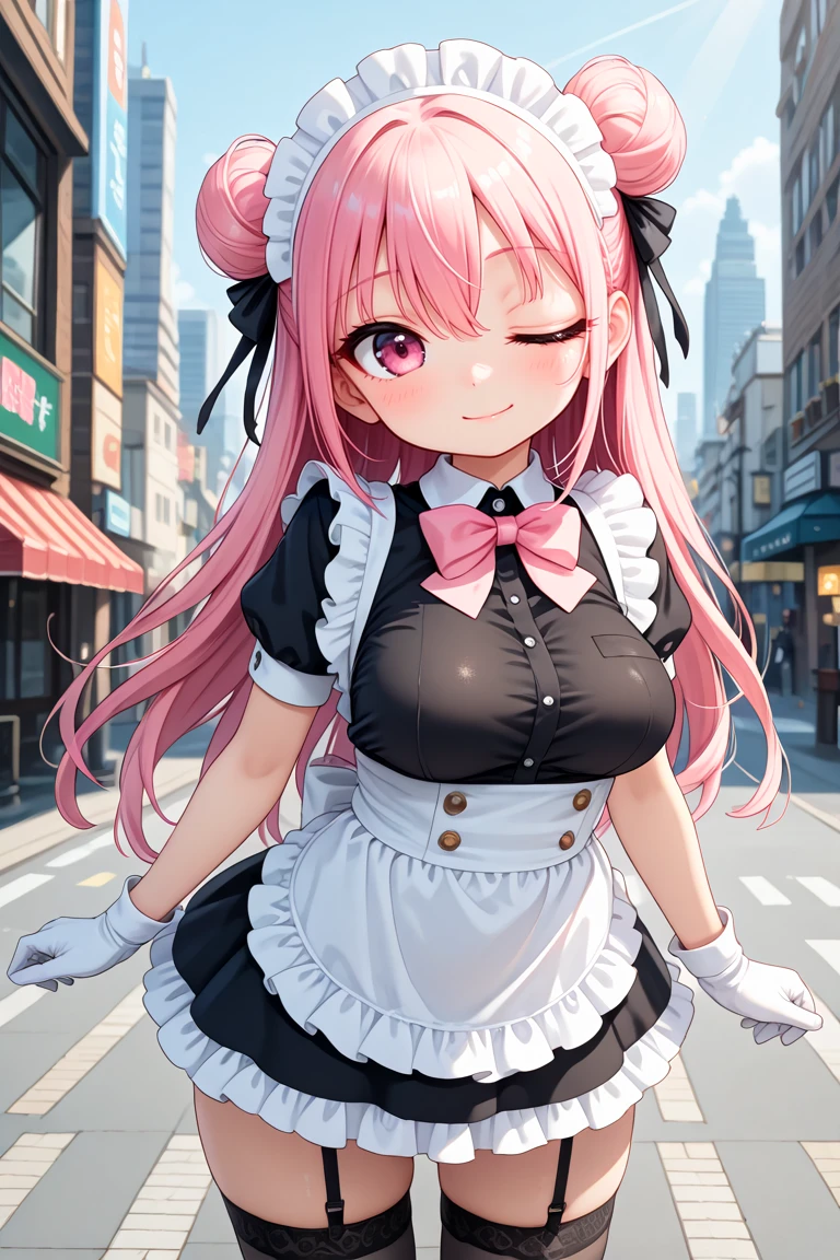 masterpiece, best quality, amazing quality, very aesthetic, absurdres,
cute face, slender, detailed eyes, detailed hair,,
1girl, solo,
maid, headdress, apron, sleeves with frills, short sleeves, bowtie, tented black shirt, black shirt, covered breasts, frilled skirt, list cuffs,
black garter stocking, white gloves,
smile, closed mouth, wink, one eye closed,
standing, cowboy shot, looking at viewer,
Daytime cityscape, bustling streets, and urban energy Portray the vibrant charm of a lively metropolis under the sun, depth of field, ultra detailed background,
medium breasts,
pink hair, pink eyes, double bun, hair between eyes
<lora:wink2_left_xl_v20:1>