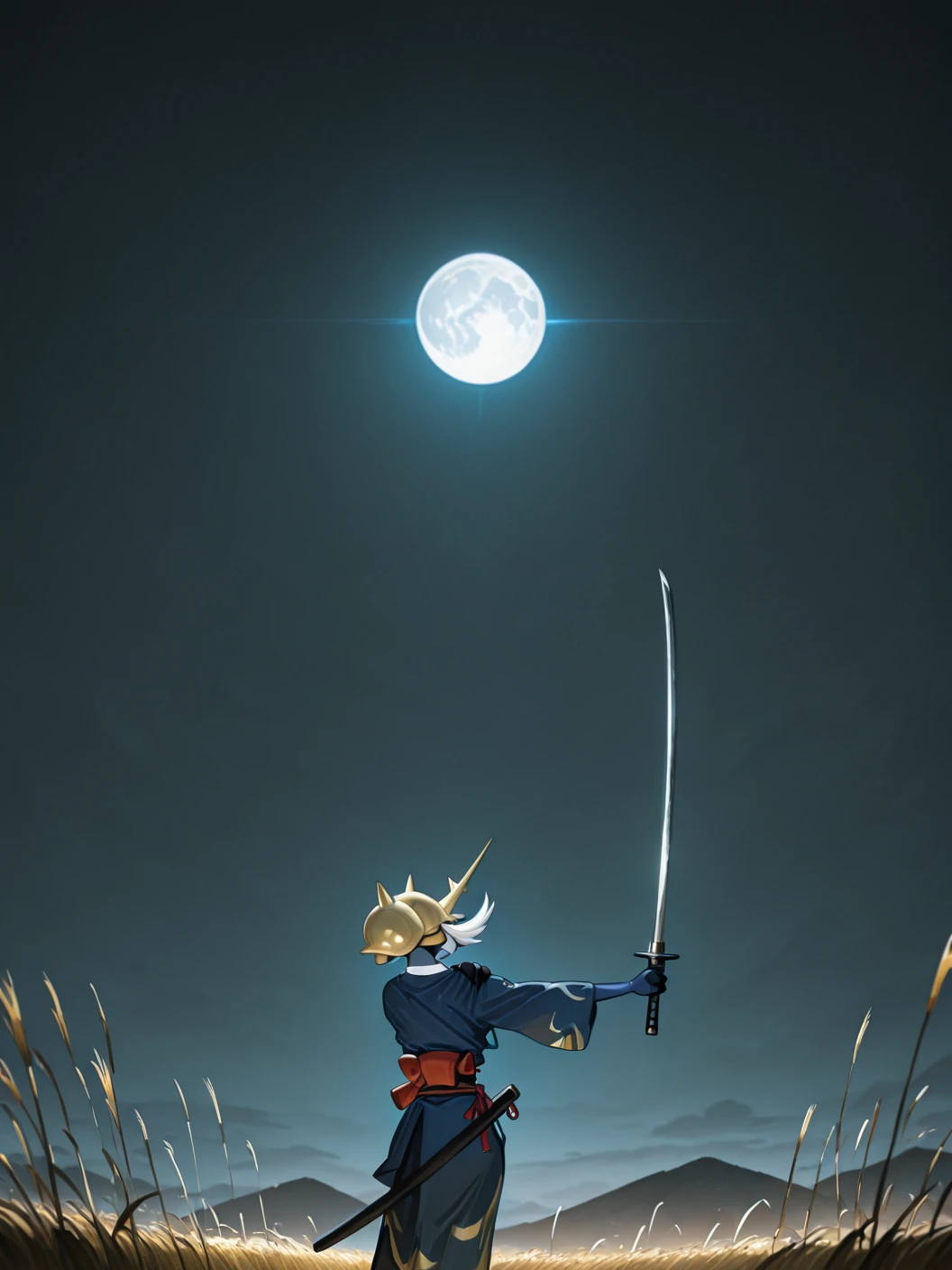 (1girl:1.2), (sensitive:1.3), (masterpiece:1.2), newest, <lora:IchiroBattingStance_ill_v03:1> ichiro, outstretched arm, hand on own shoulder, holding, holding weapon, katana, susuki grass, moon, night, from behind, samurott, furry, anthro, japanese clothes, glowing eyes, clothed pokemon,