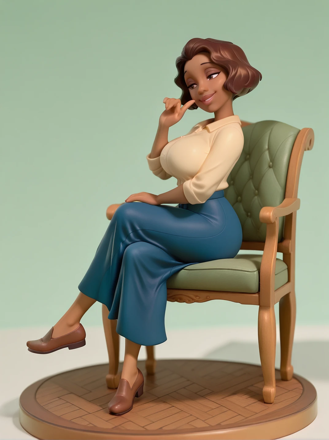 highres, hi res, best quality, masterpiece, cartoon, 3d,
1girl, (EudoraXL:1.1), dark-skinned female, short hair, brown eyes, brown hair, shirt, long skirt, large breasts, hips, mature female,
simple background, sitting on coach, (on base:1.2), (one finger on lips:1.2), crossed legs, naughty face, (full body:1.2), (cover body:1.2), head tilt, from side, 
<lora:AEudora_character:0.75>, white light,  <lora:ill-xl-01-pvc_2:0.9>,,