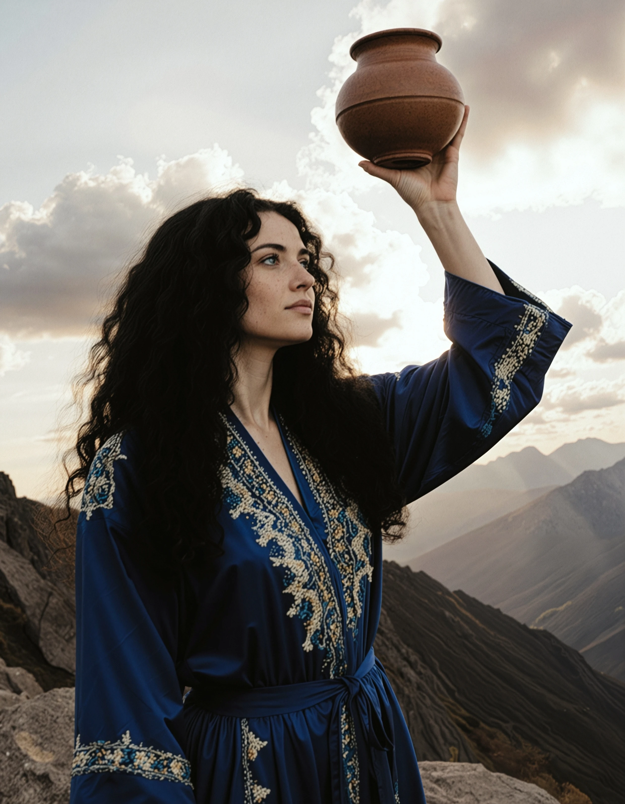 Digital close up photo of a beautiful 25 years woman, black hair, blue eyes, <lora:Rhona_Flux:1.0> clear focus, high resolution image, <lora:fluxlisimo_aura_v1-FLUX:0.7>,A mid-twenties woman dressed in ceremonial indigo robes with intricate geometric embroidery holds a clay vessel aloft during a mountaintop dusk ritual, clouds breaking behind her and blue-gold light haloing her against the stark stone landscape., (long curly hair:1.4) ,