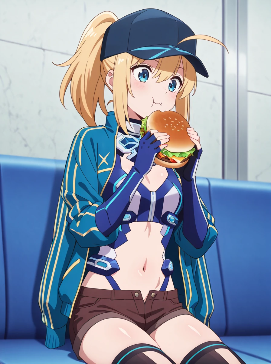 masterpiece, best quality, amazing quality, very aesthetic, absurdres, newest, (anime screenshot:1), (anime coloring,:1) master piece, best quality, shiny skin, absurdres, <lora:HeroineXillust:1>1girl, hat, blonde hair, solo, ahoge,blue_armor, shorts,, heroxstage3, baseball cap,thighhighs, ponytail, blue eyes open_jacket navel stomach armor eating burger, happy sitting