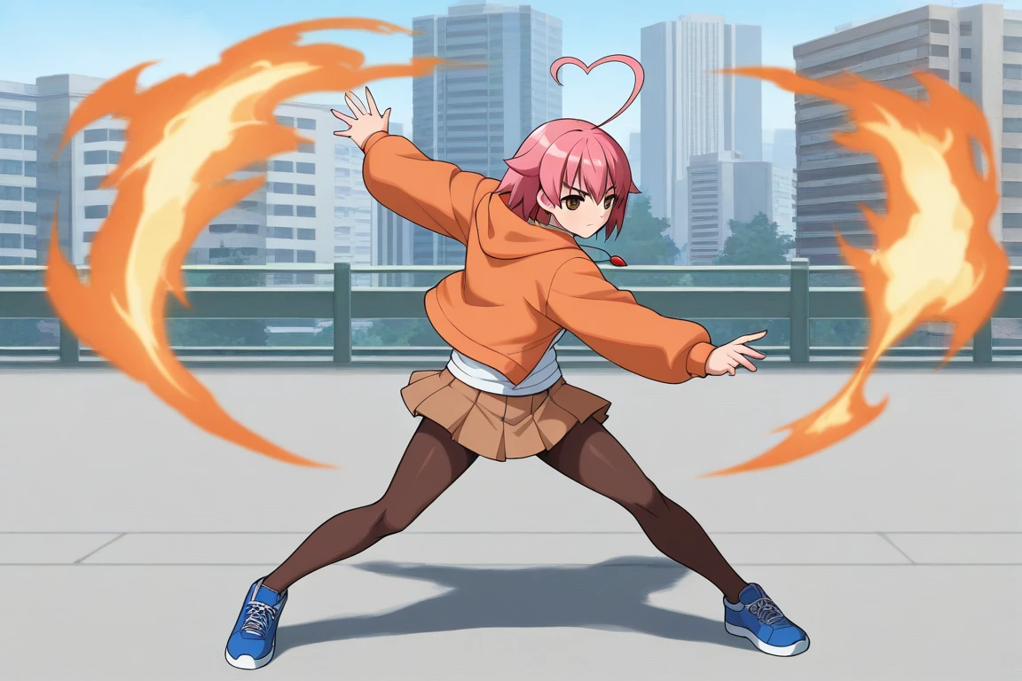 orochinagi, outstretched arms, dynamic pose, fire, pyrokinesis, 1girl, solo, ainohaato, pink hair, short hair, heart ahoge, brown eyes, orange jacket, hoodie, white tank top, brown skirt, pleated skirt, brown pantyhose, blue sneakers, pendant, outdoors, city, full body, serious, from side,