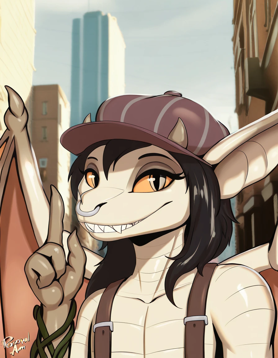 <lora:ivy-deadlock-v3_illustrious:1> (masterpiece, best quality, highres, absurd res, newest), by tailzkim, by personalami, ivy \(deadlock\), deadlock, valve, gargoyle, 4 fingers, anthro, black hair, clothed, facial piercing, fangs, female, fingers, hair, hat, headgear, headwear, looking at viewer, nose piercing, nose ring, piercing, ring piercing, septum piercing, septum ring, sharp teeth, smile, solo, teeth, wings, detailed background, outside, city, detailed background, new york, tan body, (headshot portrait, portrait, close-up, face closeup, 1 horn:1.3), suspenders, (snout, feral:1.1), happy, day, new york city,âââ