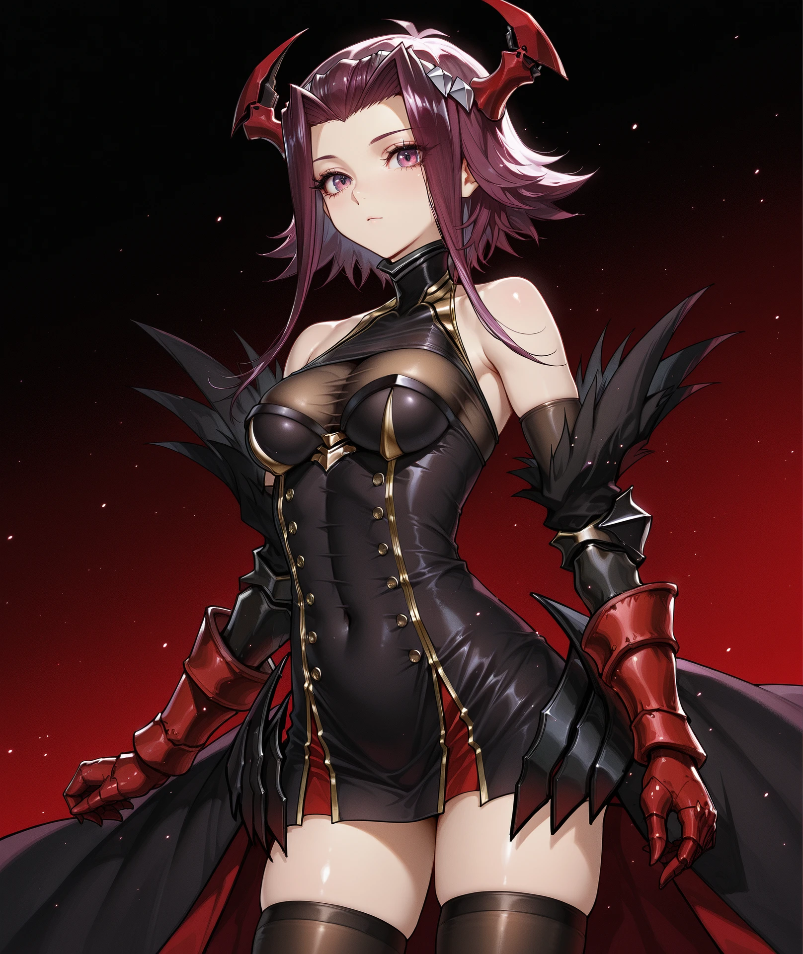 absurdres, anime coloring, anime screenshot, highres, hi res, best quality, masterpiece, 2d, intricate details, 4k,
1girl, solo, female, eyelashes, nose, brown eyes, hair ornament, purple hair, red hair, short hair with long locks, izayoi aki, yu-gi-oh!, yu-gi-oh! 5d's,
friedrich der grosse (azur lane), azur lane, cosplay, parody, alternate costume,
breasts, small breasts, cleavage, bare shoulders,
gloves, dress, sleeveless, black gloves, elbow gloves, black dress, see-through, zettai ryouiki, sleeveless dress, covered navel, buttons, skindentation, short dress, gauntlets, red gloves, gold trim, double-breasted, taut clothes, taut dress,
thighhighs, thighs, boots, black thighhighs, black footwear, knee boots, brown thighhighs, armored boots,
looking at viewer, cowboy shot, contraposta,
original, black background, red background, gradient background, light particles,