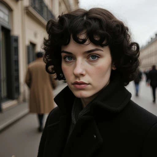full body analogue photo of a beautiful 20 years old woman, clear focus, 8K,Female Noir Detective, Paris, 1940s: 1 woman, (intelligent gaze) with [analytical mind], short styled curly hair hair, wearing a (feminine) coat with [noir] accessories, and a perceptive expression, inspired by the works of (Rene Gruau) and Jean Dubuffet, with (moody colors) and (expressive brushstrokes), characterized by (atmospheric composition) and sense of mystery, (noir atmosphere) and curious nature. ,photo Fantasy art combining the styles of Boris Vellejo and Luis Royo,Photorealistic, real photo, god rays, 1girl, 21yo,realistic,