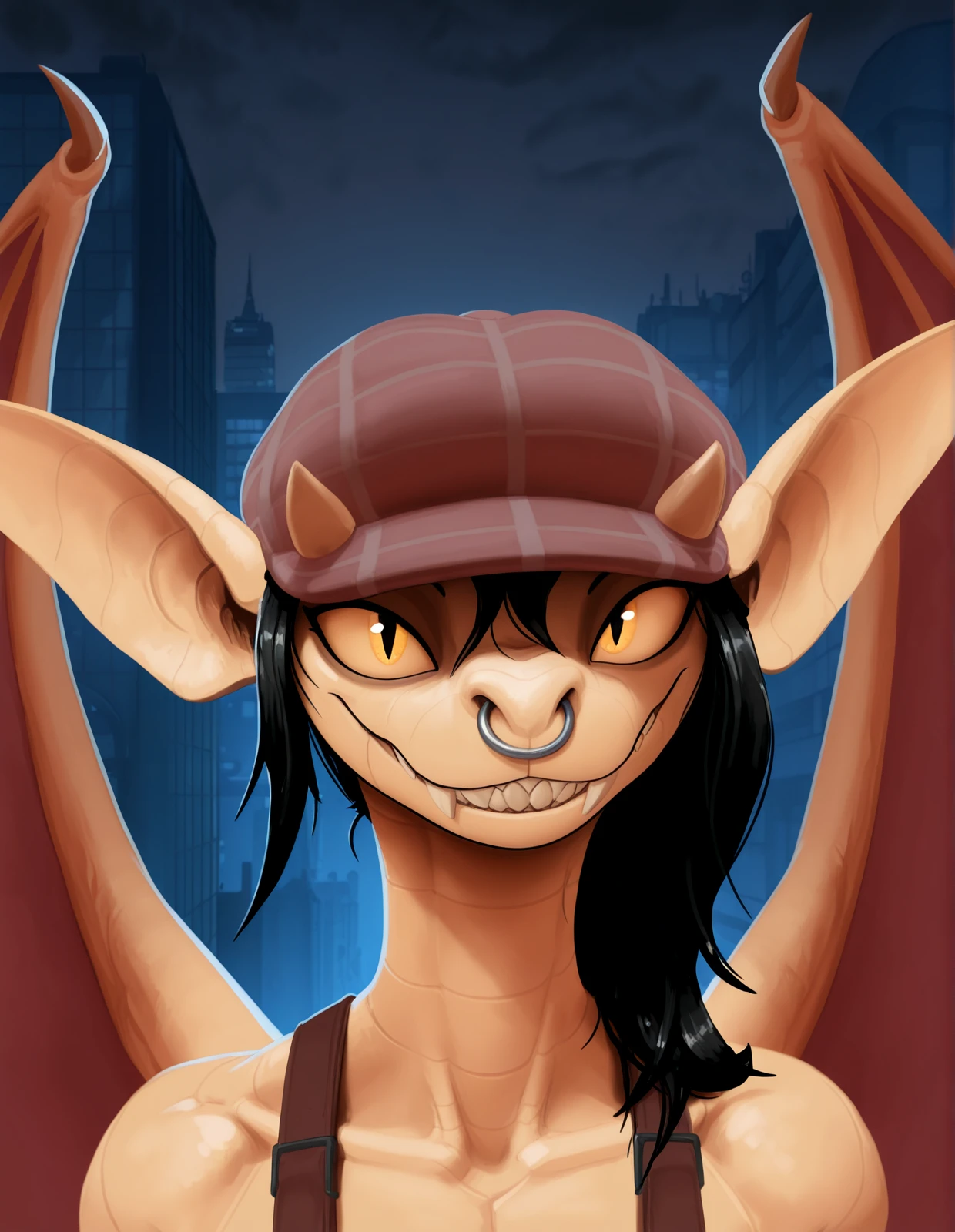 <lora:ivy-deadlock-v3_illustrious:1> (masterpiece, best quality, highres, absurd res, newest), by ozoneserpent, by aoino broome, ivy \(deadlock\), deadlock, valve, gargoyle, 4 fingers, anthro, big ears, black hair, clothed, facial piercing, fangs, female, fingers, hair, hat, headgear, headwear, long ears, looking at viewer, nose piercing, nose ring, piercing, ring piercing, septum piercing, septum ring, sharp teeth, smile, solo, teeth, wings, detailed background, outside, city, night, dark background, detailed background, new york, tan body, (headshot portrait, portrait, close-up, face closeup, 1 horn:1.3), suspendersâââ
