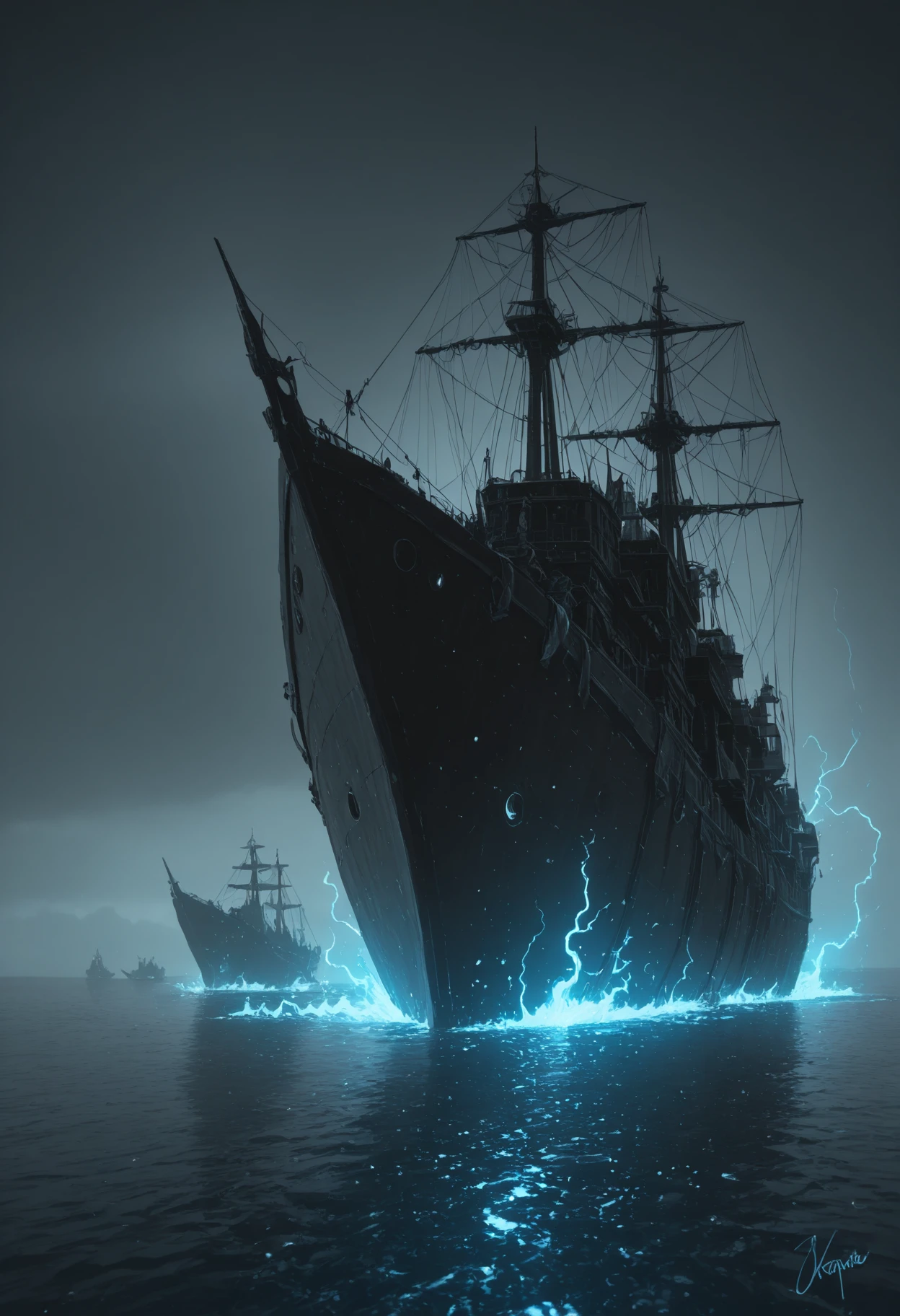 side view, pirate ship, red steel hull, glowing metallic texture, lightning-infused sails, flaming patterns on sails, storm energy, demonic pirate aesthetic, glowing runes, gothic detailing, thunderstorm-powered, sailing on a mystical southern sea, exotic ocean, surreal waters, cinematic lighting, glowing sea reflections, epic sky, supernatural ship, fantasy naval design, sharp angles, menacing figurehead, molten seams, stormy clouds, dramatic atmosphere, magical realism, dark fantasy vibe, high-detail structure, storm-charged sails, cursed vessel, ancient pirate magic, fantasy ocean scene, ship in motion, glowing accents, 3D render style, dynamic angle, wide shot