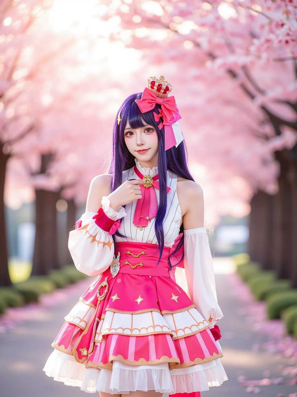 A realistic photo in cowboy shot of a slender beautiful young woman in cyb-hoshinoai cosplay costume. She has purple hair with mini crown and hair bow. She is holding a microphone.
The sence is a picturesque cherry blossom avenue at sunset. A faint breeze carries the scent of blooming flowers through the air.
The photo is in cowboy shot and with intricate details scene.